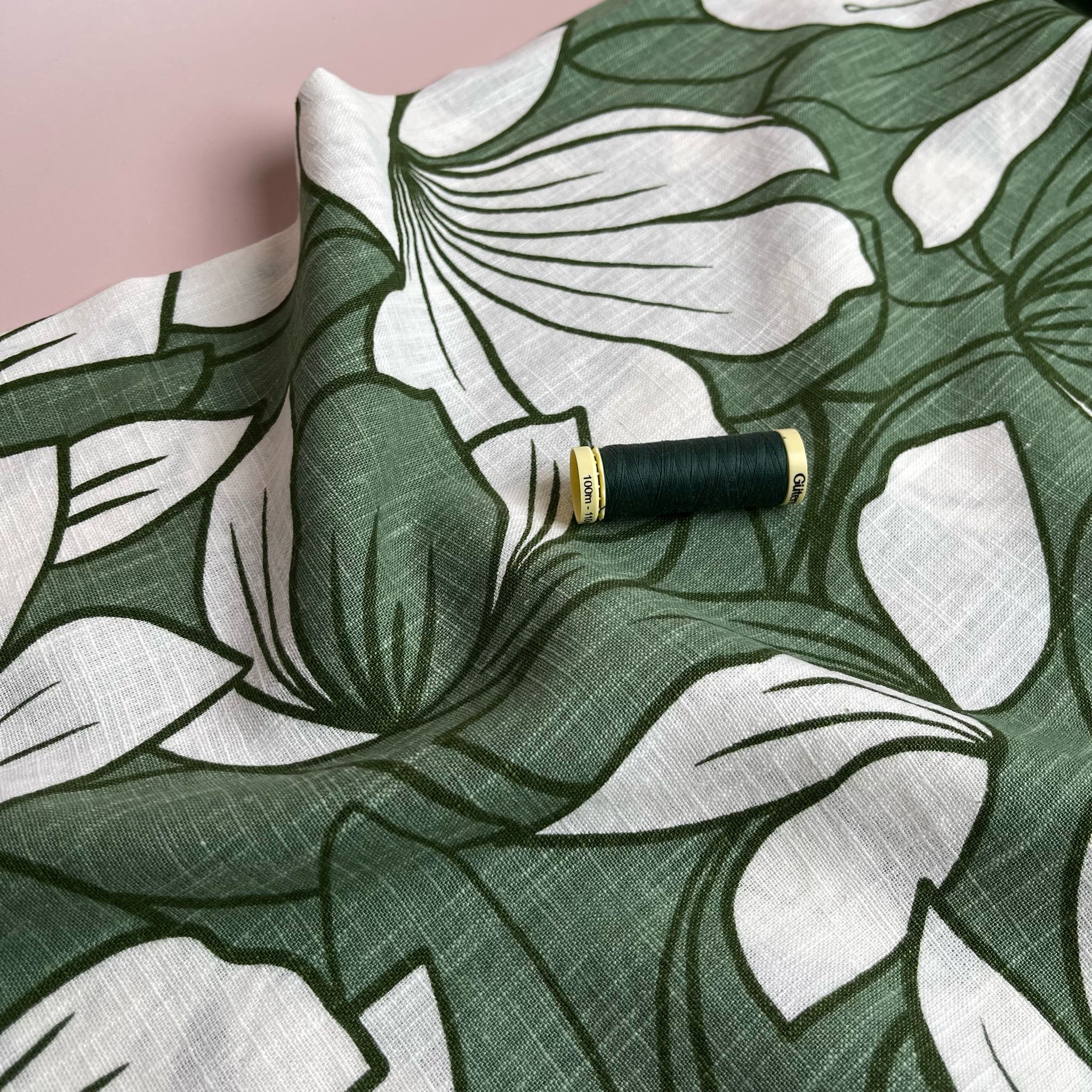 Green Leaves on Soft Washed Linen Cotton Fabric