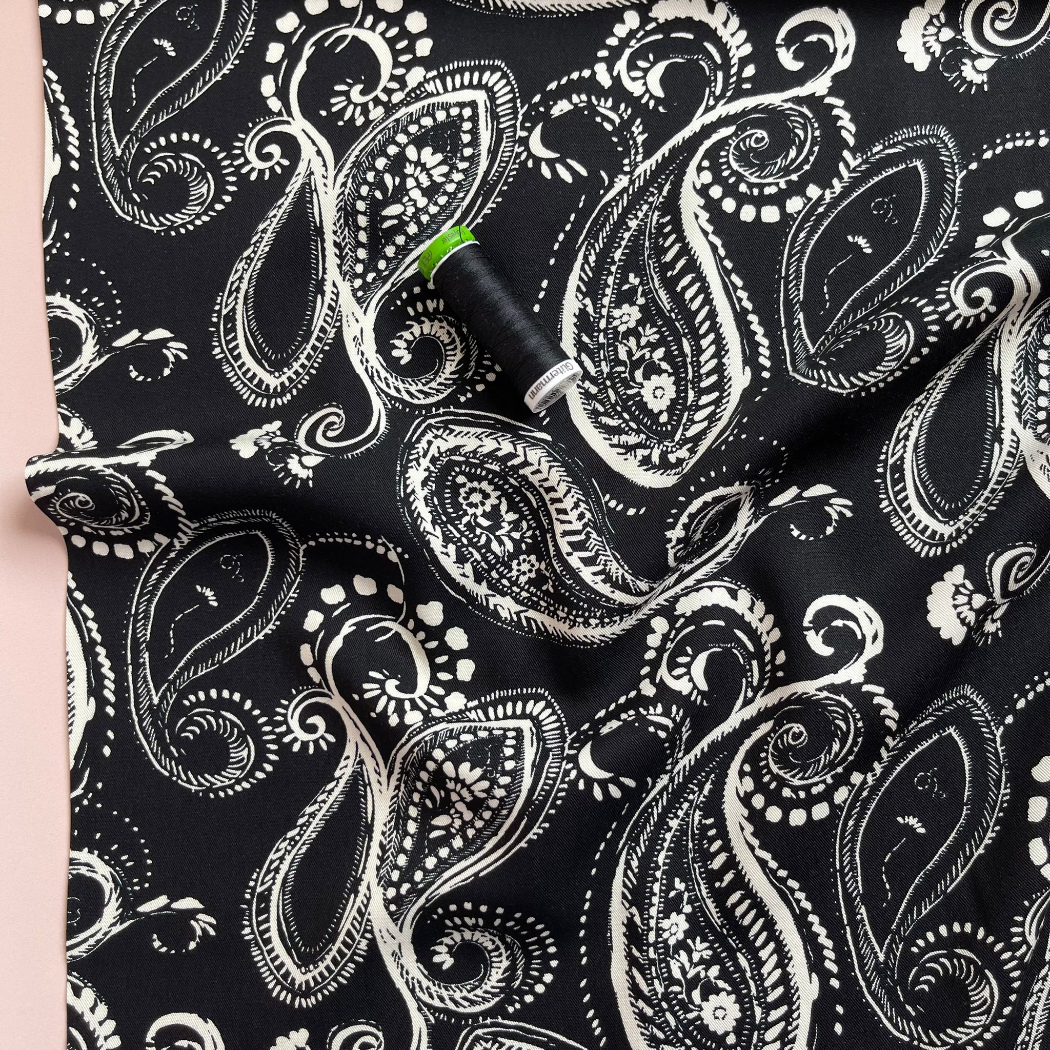 Off-Whtie Paisley on Black Viscose Twill Fabric