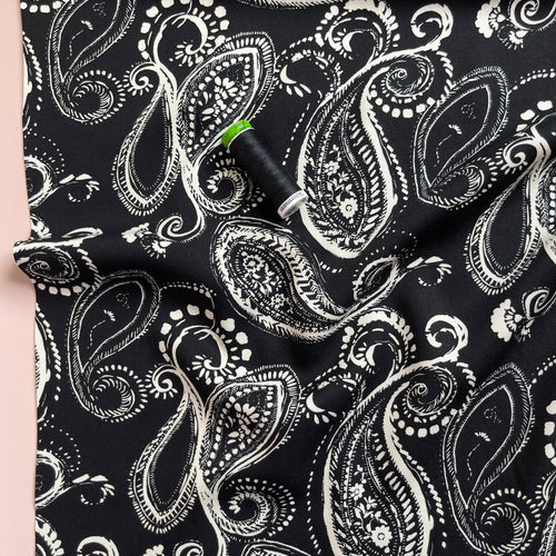 REMNANT 2 Metres (small hole 9cm from selvedge) Off-Whtie Paisley on Black Viscose Twill Fabric