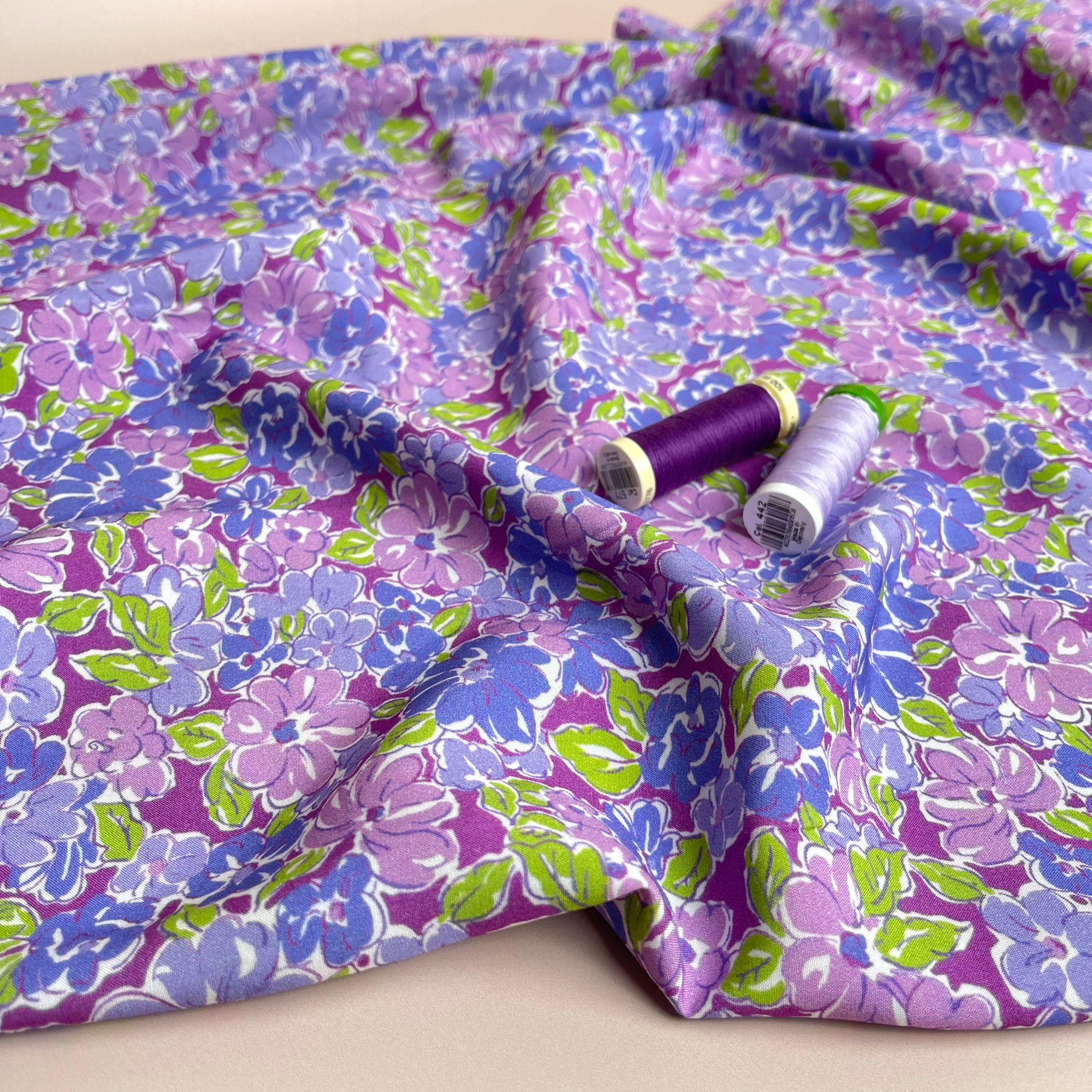 Meadow Flowers in Purple and Green Viscose Fabric