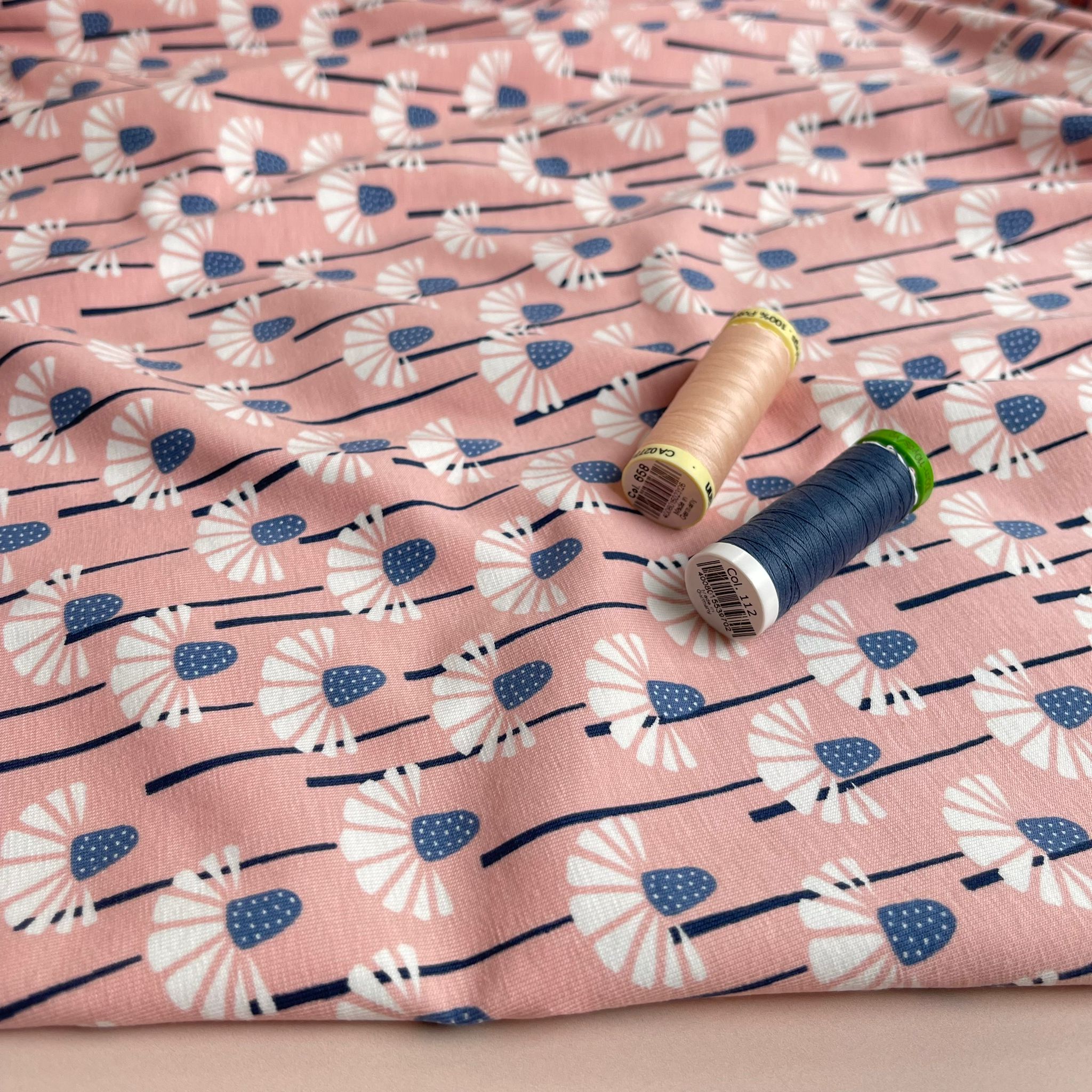 REMNANT 1.66 Metres - Blue Flower on Pink GOTS Organic Cotton Jersey