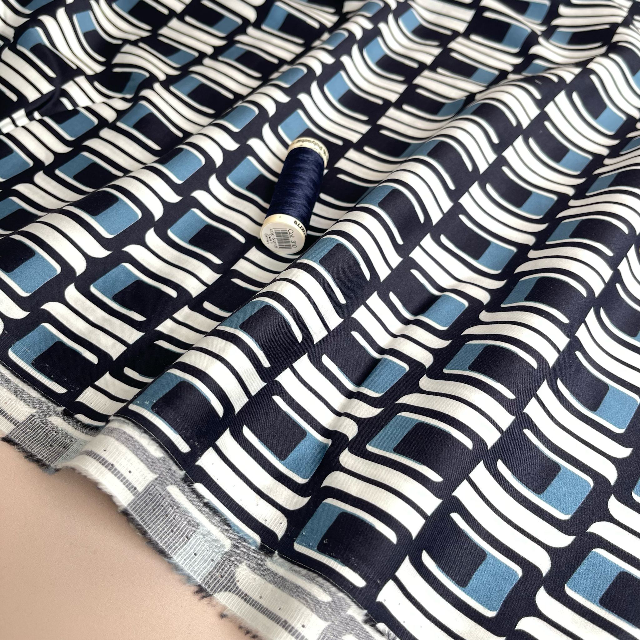 Deadstock Navy and Blue Geo Cotton Sateen Fabric