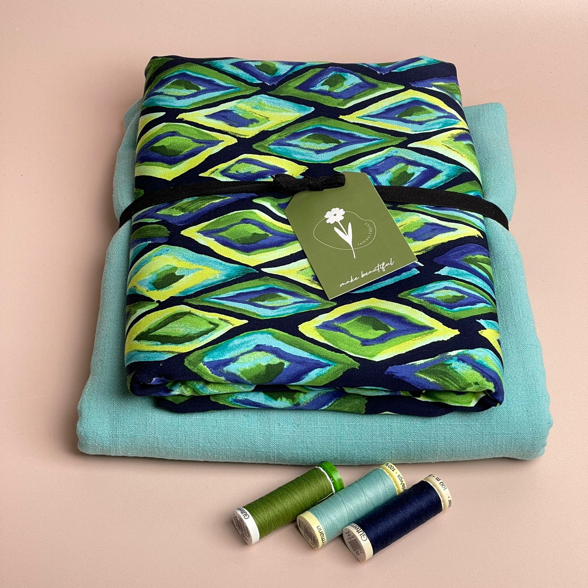 Make an Outfit Colour Bundle - Ocean Diamond Viscose Sateen with Turquoise Flow Linen