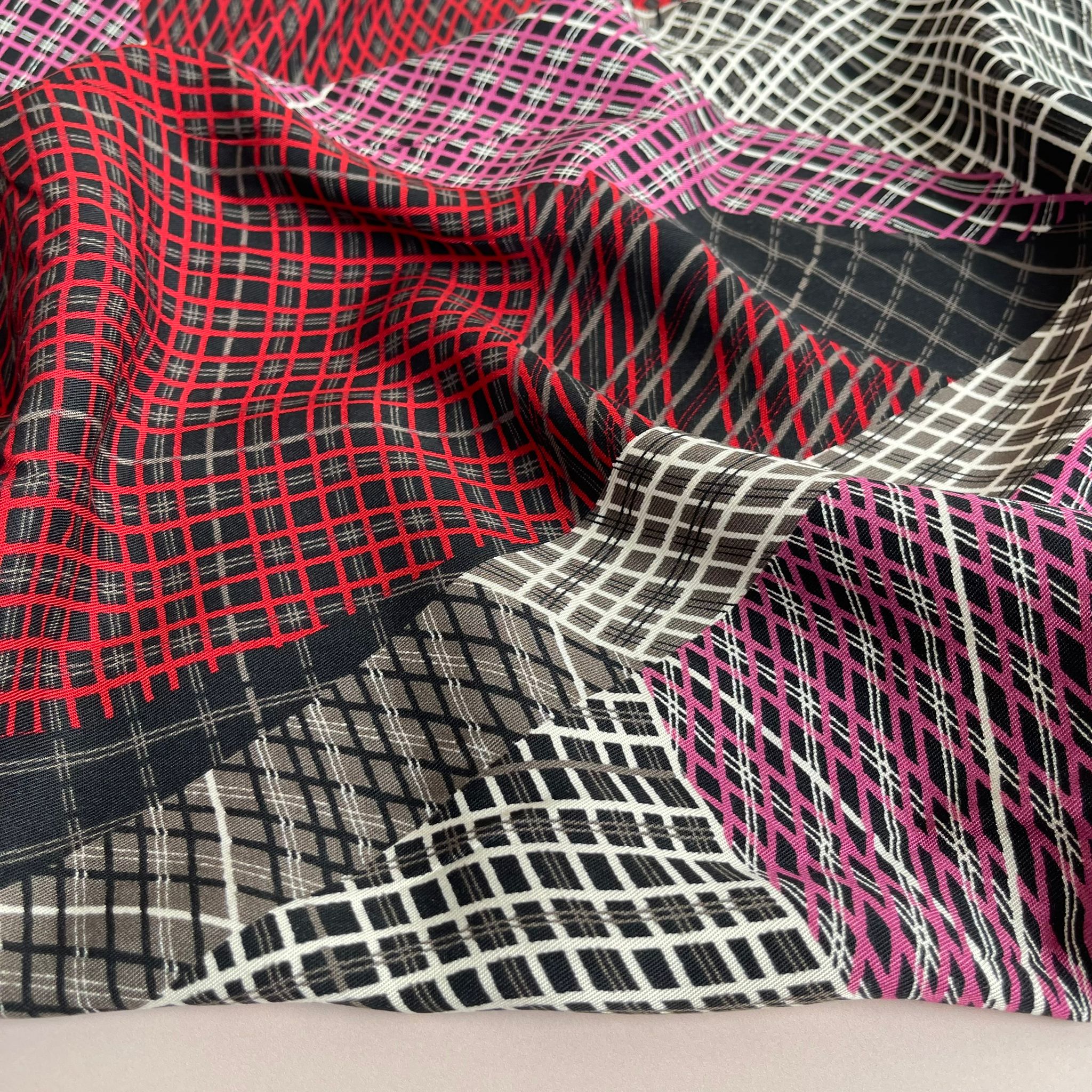 Red and Pink Abstract Grids Viscose Twill Fabric