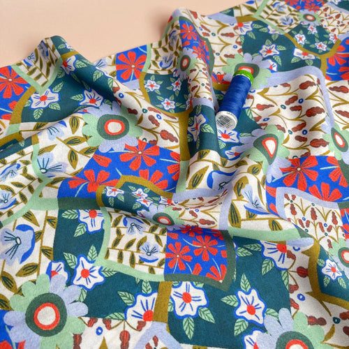 Floral Patchwork Print in Blue and Red Viscose Fabric