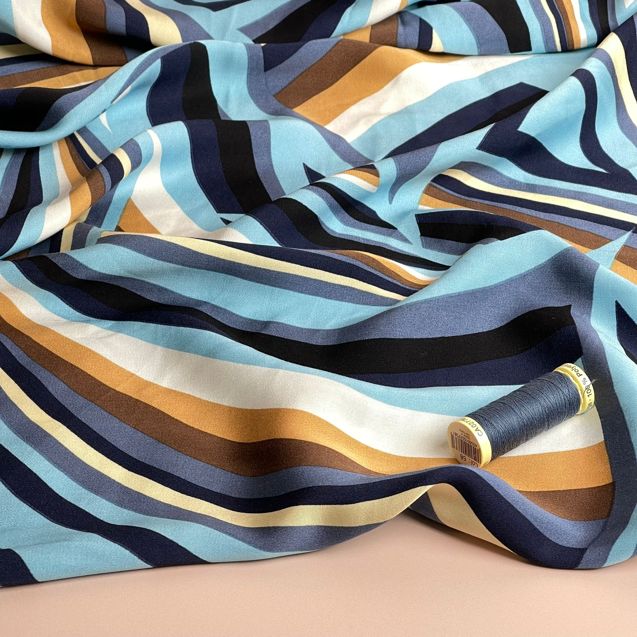 Abstract Neutral Waves Viscose Sateen Fabric