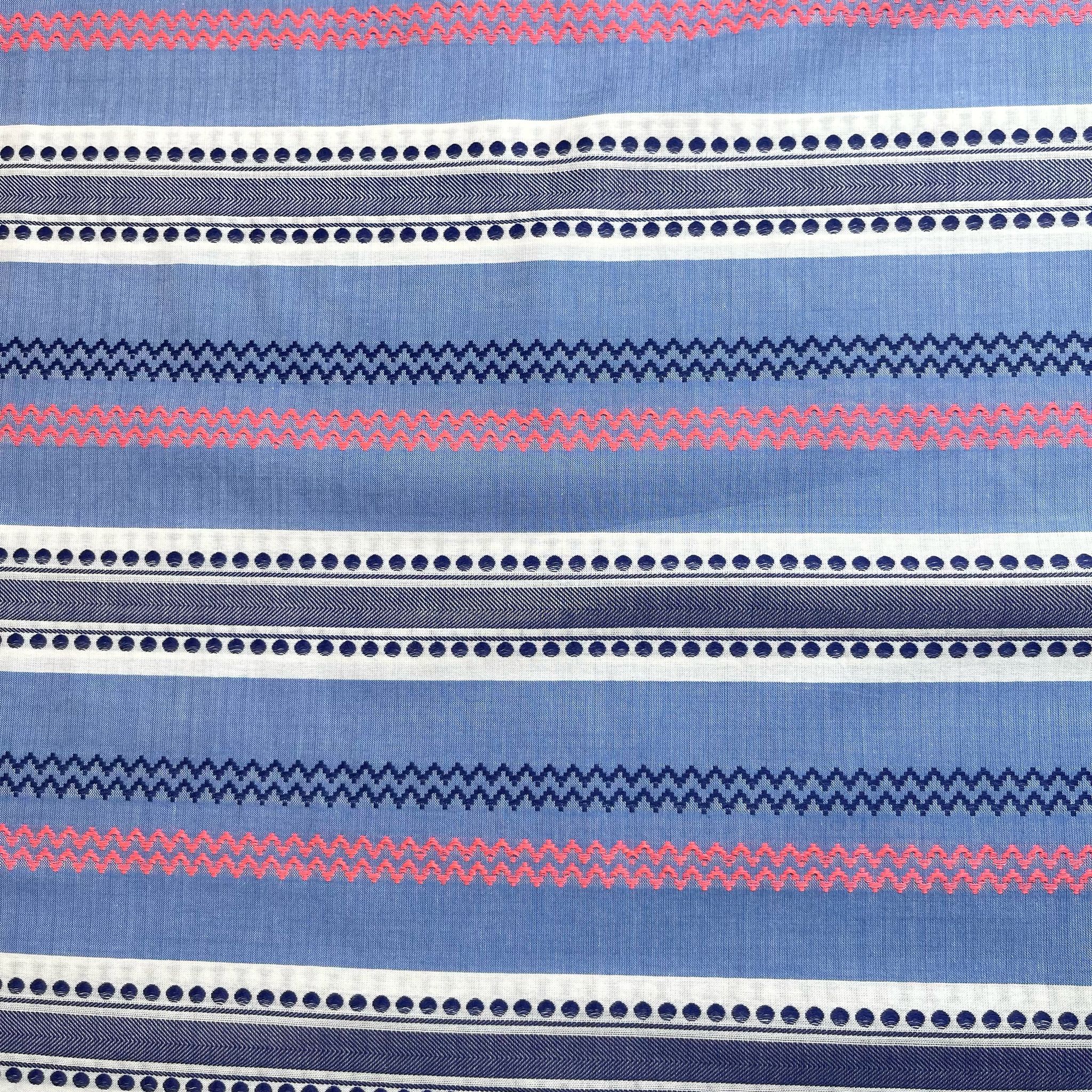 Yarn Dyed Embroidered Stripes on Blue Cotton Fabric