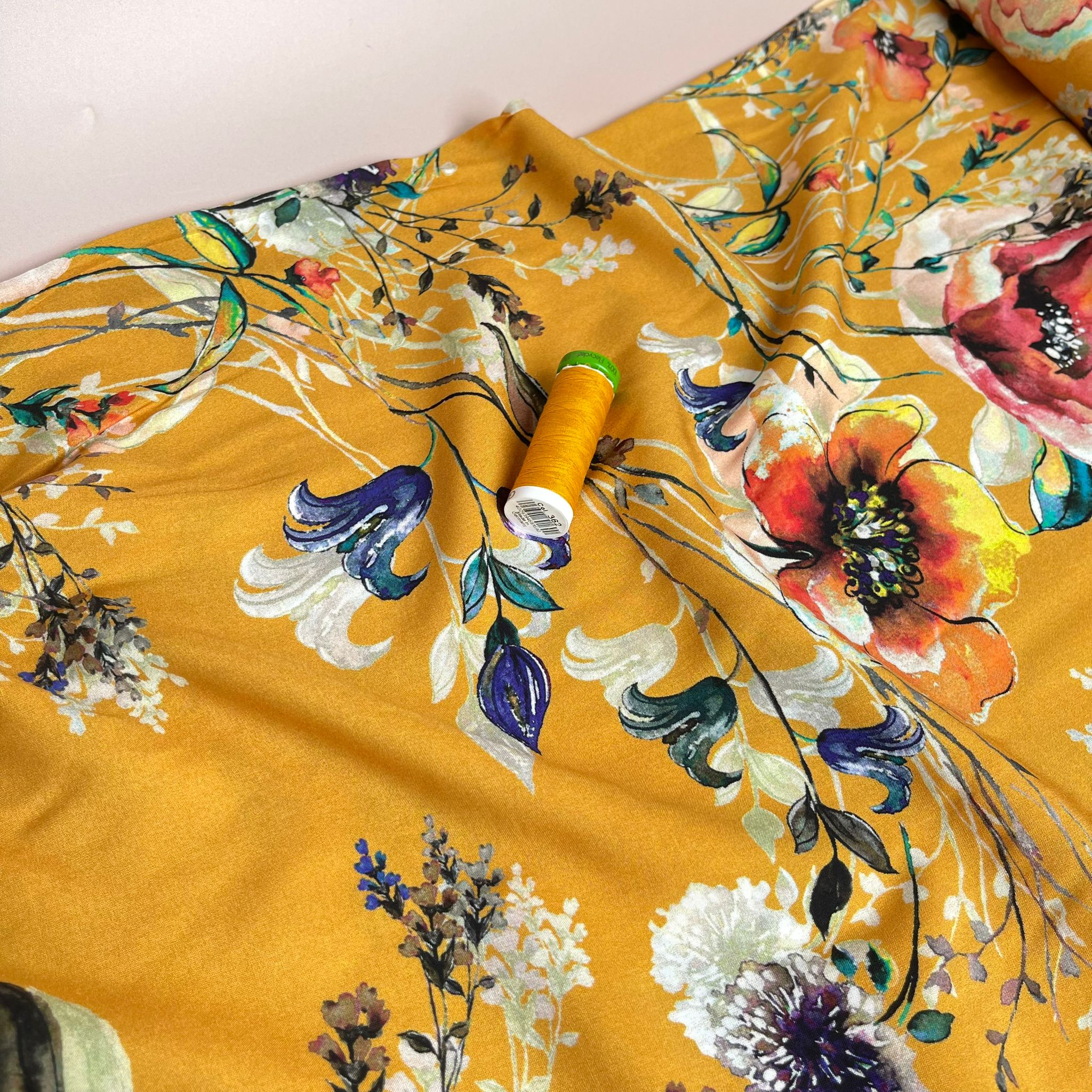 Coral Poppies on Gold Viscose Poplin Fabric