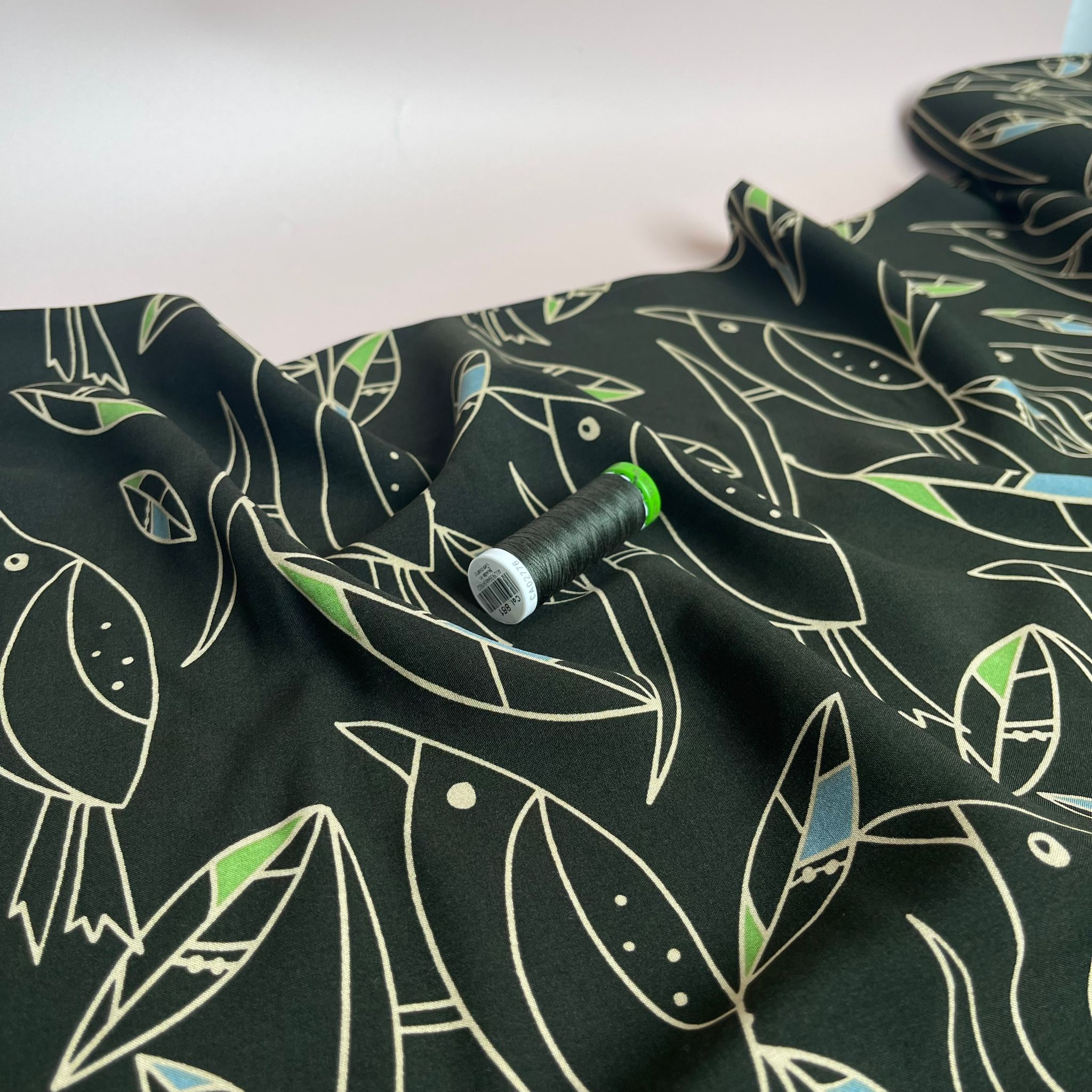 Graphic Birds Blue and Green on Dark Olive Green Viscose Poplin Fabric