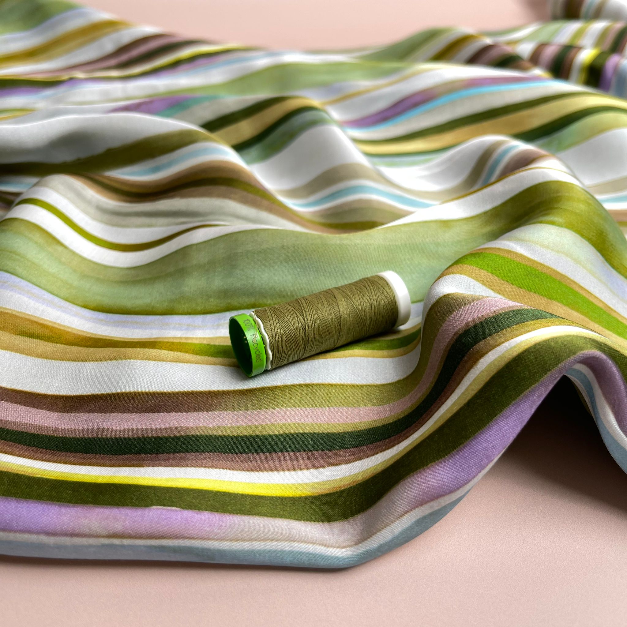 Summer Stripes Green Viscose Sateen Fabric