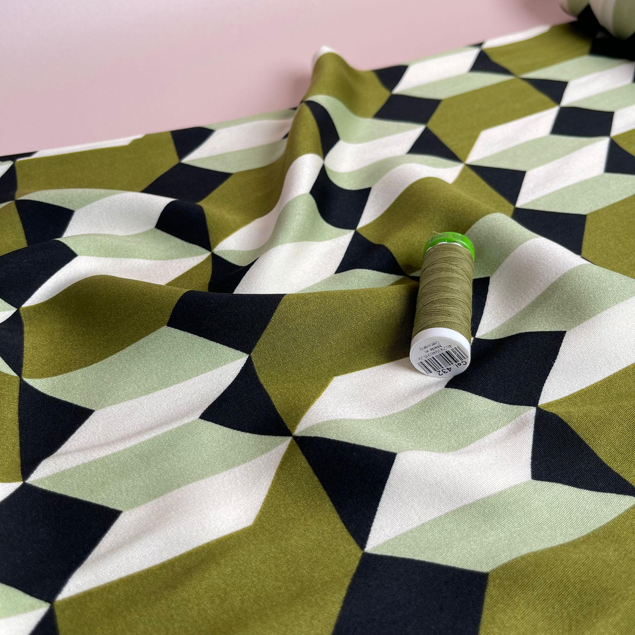 REMNANT 0.77 Metre - Abstract Shapes Olive Viscose Twill Sateen Fabric