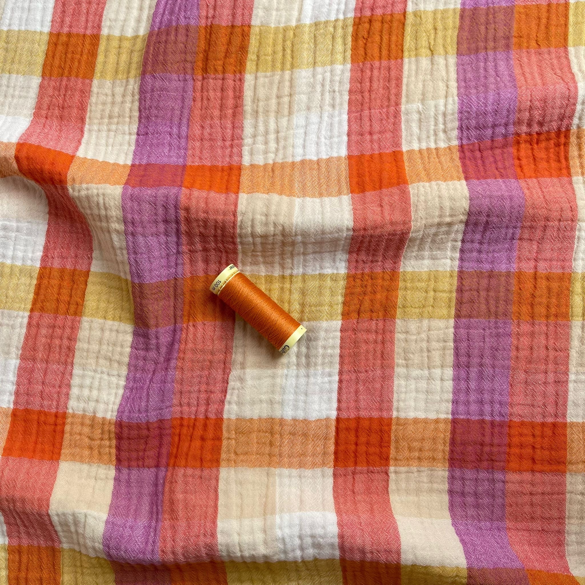 REMNANT 0.42 Metre - Checked Sunset Cotton Double Gauze