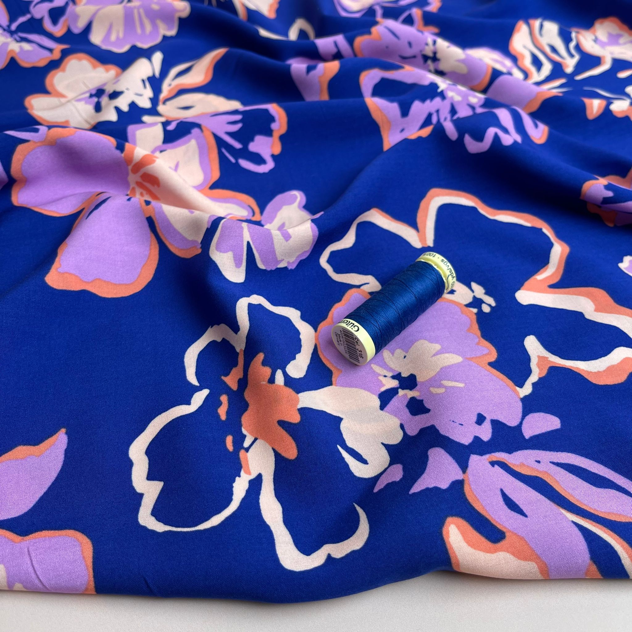 Painted Blooms on Deep Cobalt LENZING™ ECOVERO™ Viscose Fabric