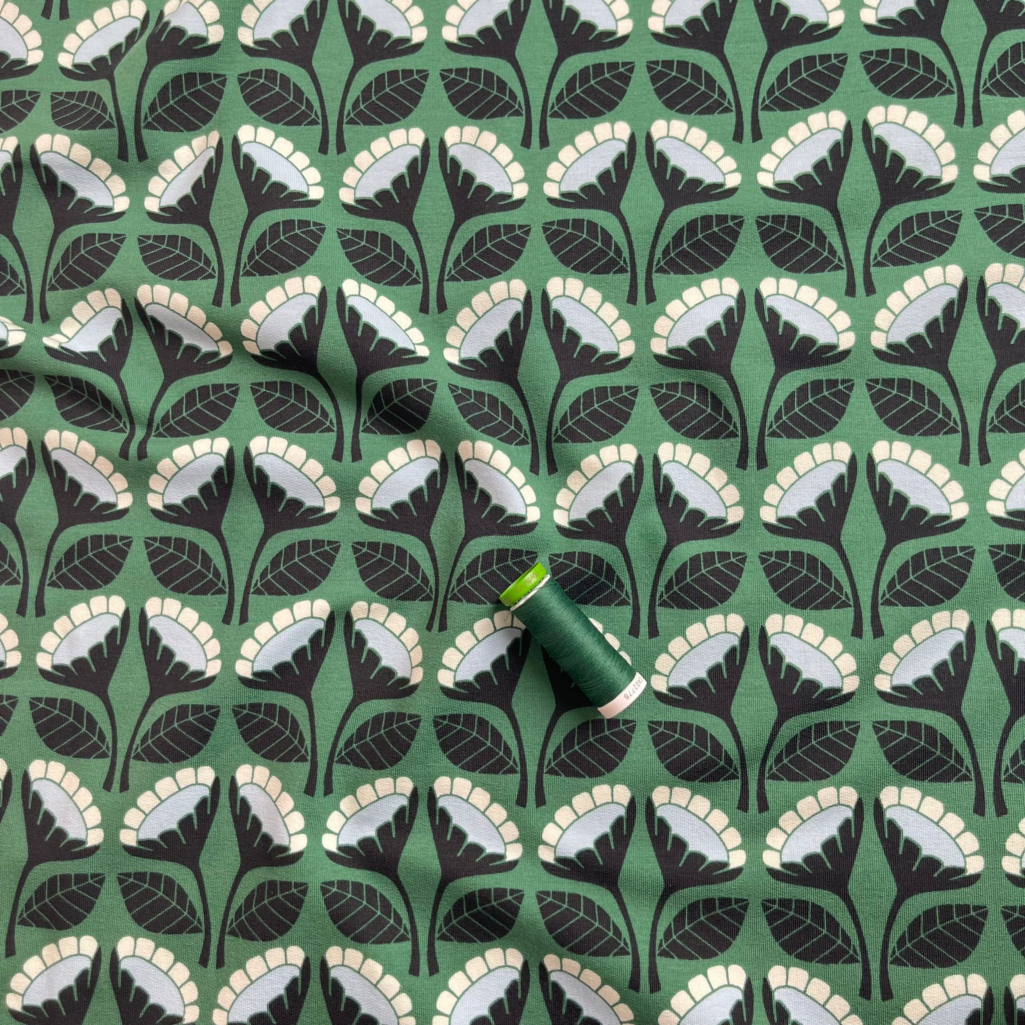 Monochrome Flowers on Emerald Green Cotton French Terry