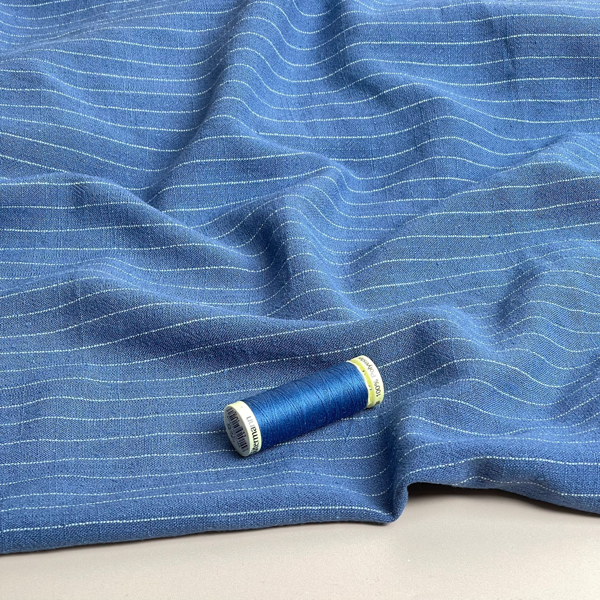 REMNANT 1.45 metres - Denim Pinstripe Viscose Linen Noil Fabric