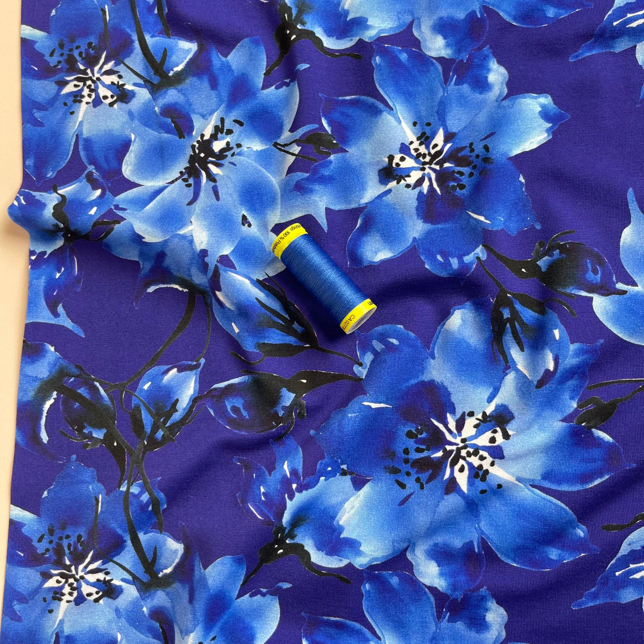 REMNANT 1.64 Metres - Danish Design - Watercolour Cobalt Blooms Cotton Jersey Fabric