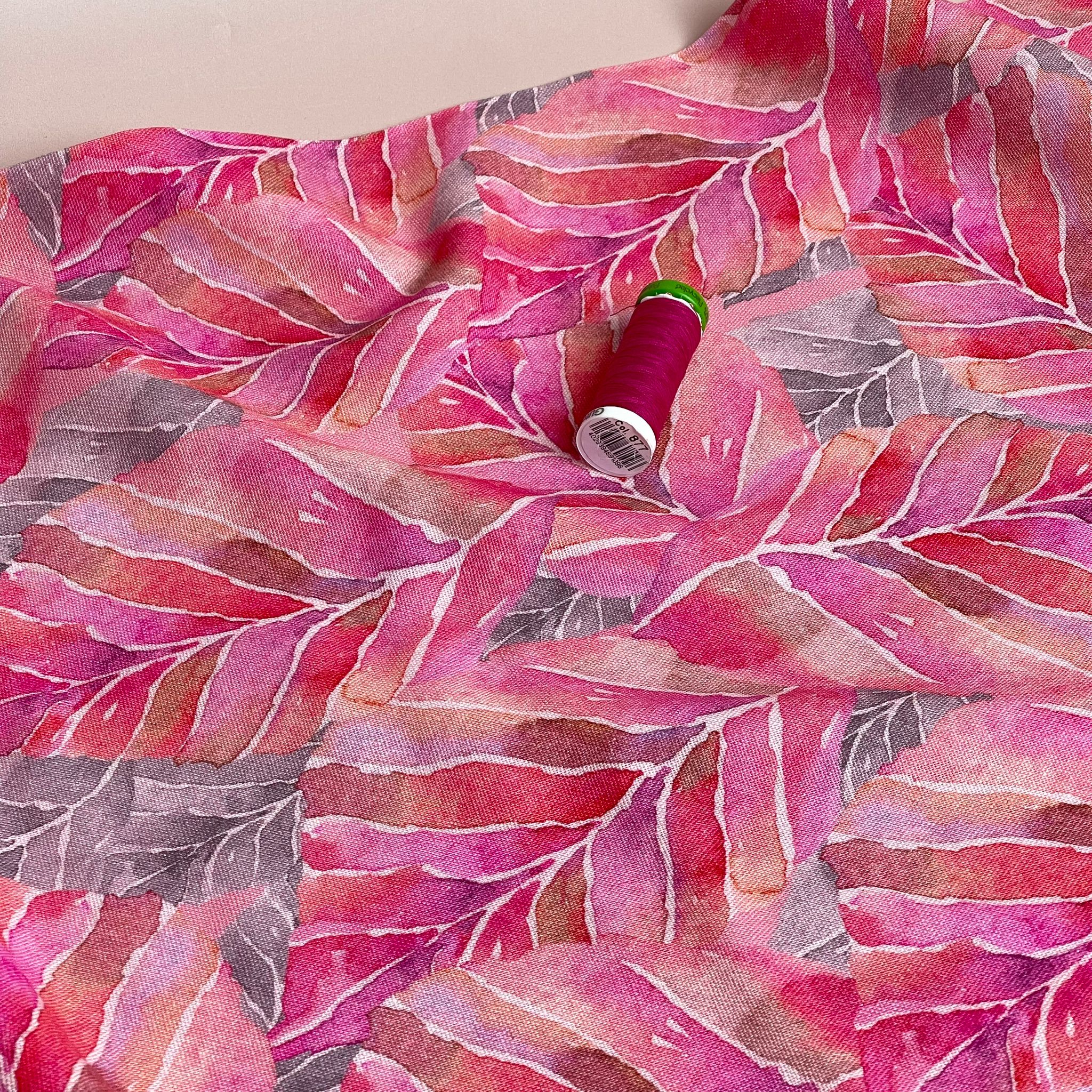 Fuchsia Leaves Viscose Linen Fabric