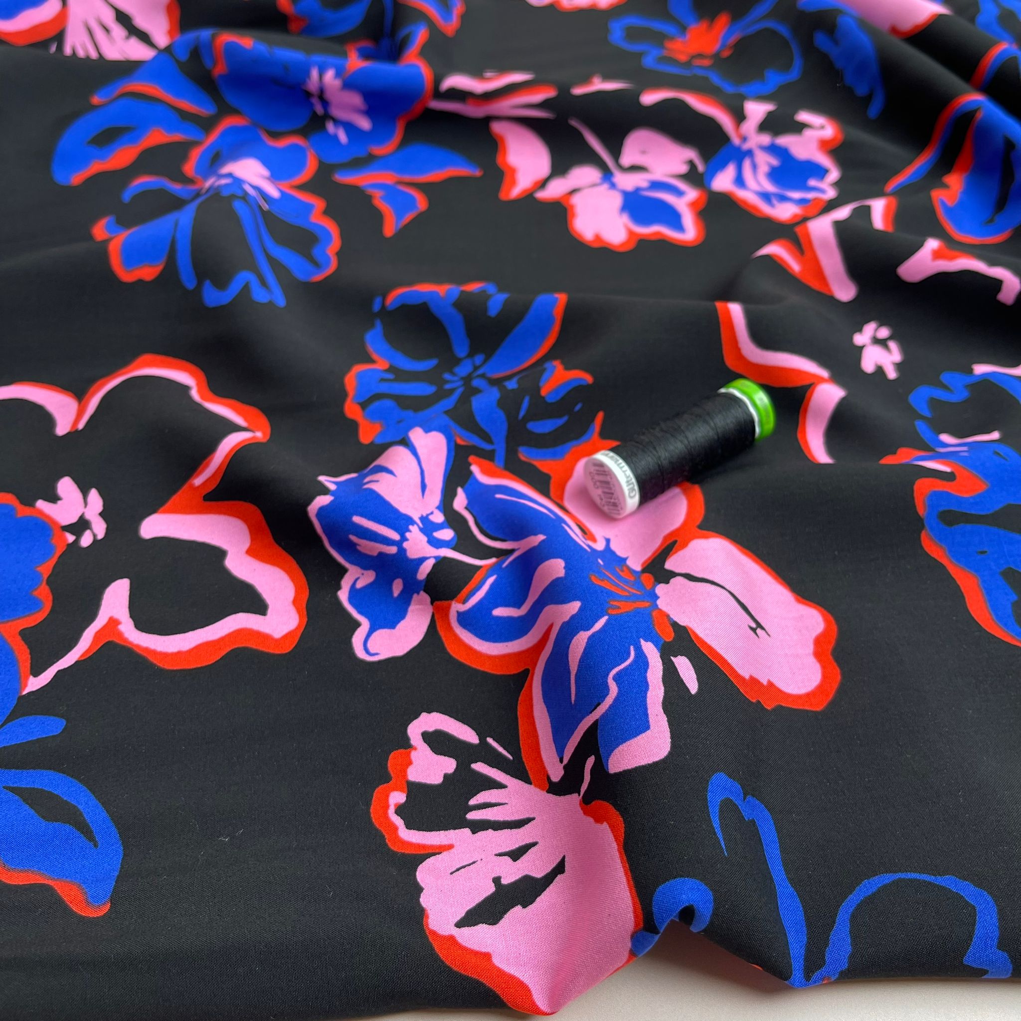 Painted Blooms on Black LENZING™ ECOVERO™ Viscose Fabric