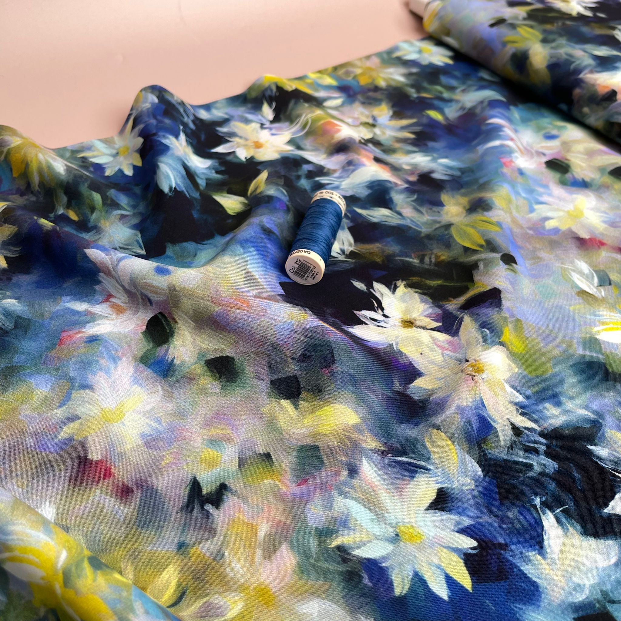 PRE-ORDER Watercolour Florals Cobalt Viscose Poplin Fabric (arriving by mid May)