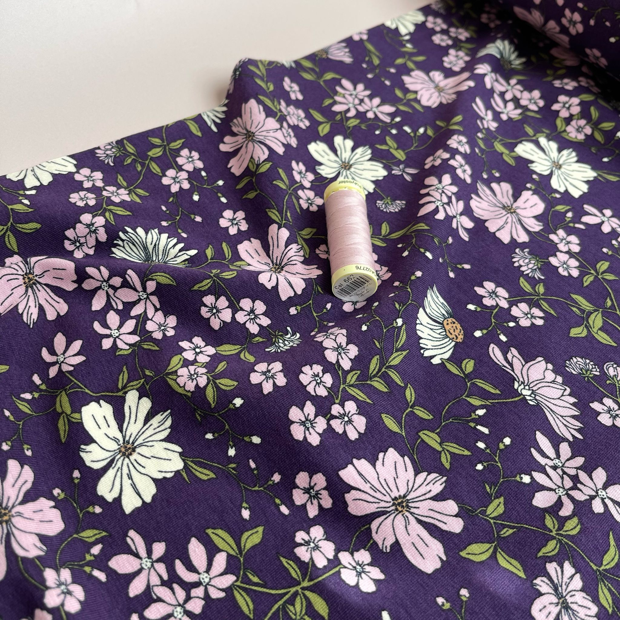 Blush Flowers on Purple Cotton Jersey Fabric