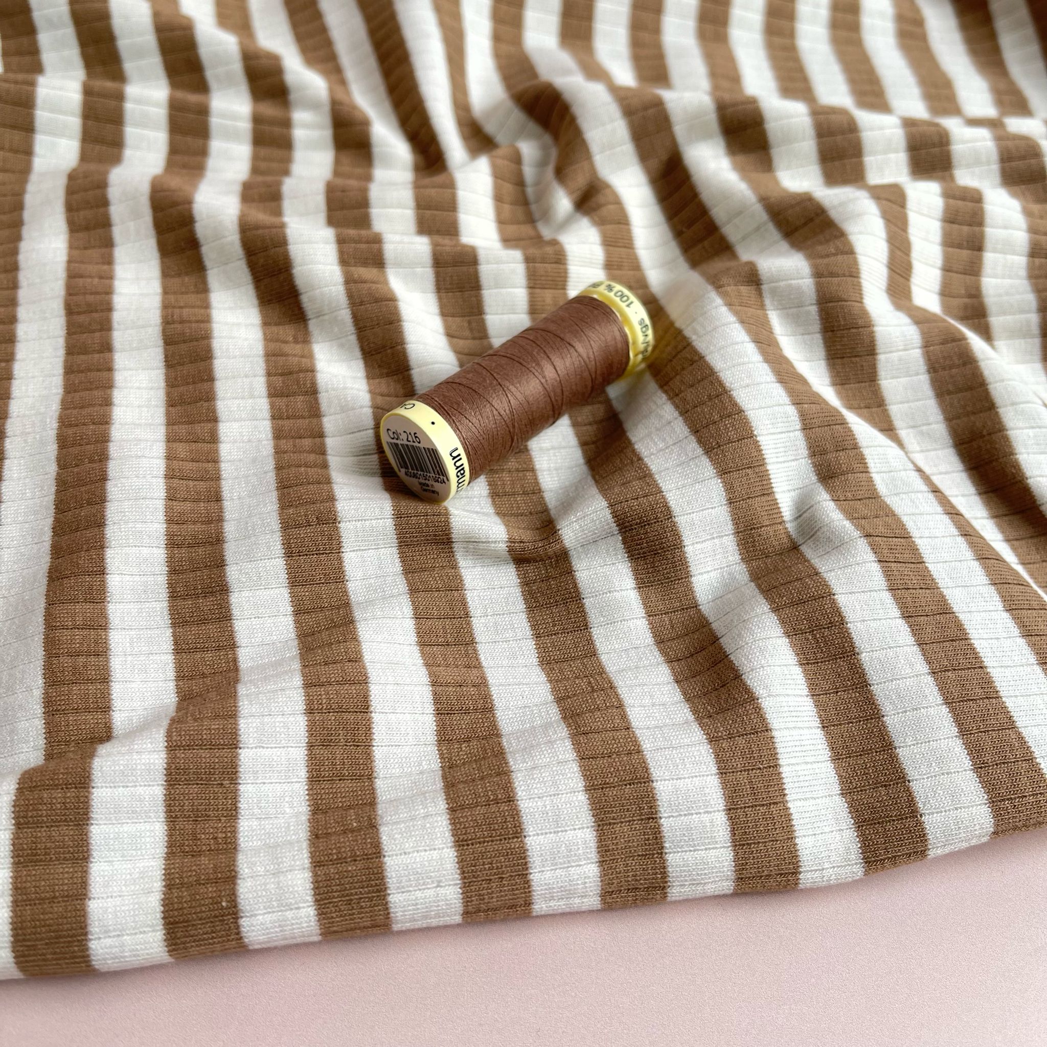 Yarn Dyed Striped Cotton Ribbed Jersey in Mocha Brown and White