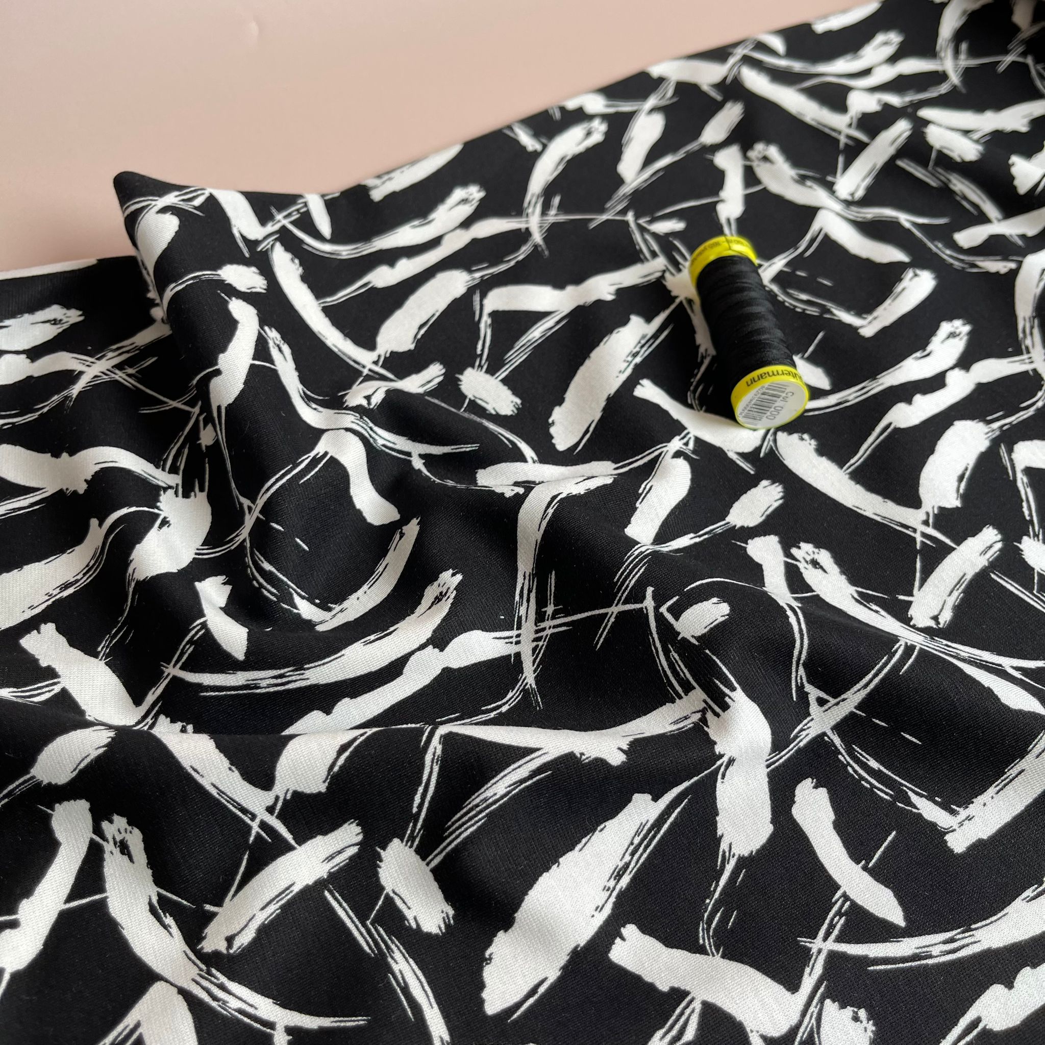 Paint Strokes in Black and White Soft Ponte Roma Fabric