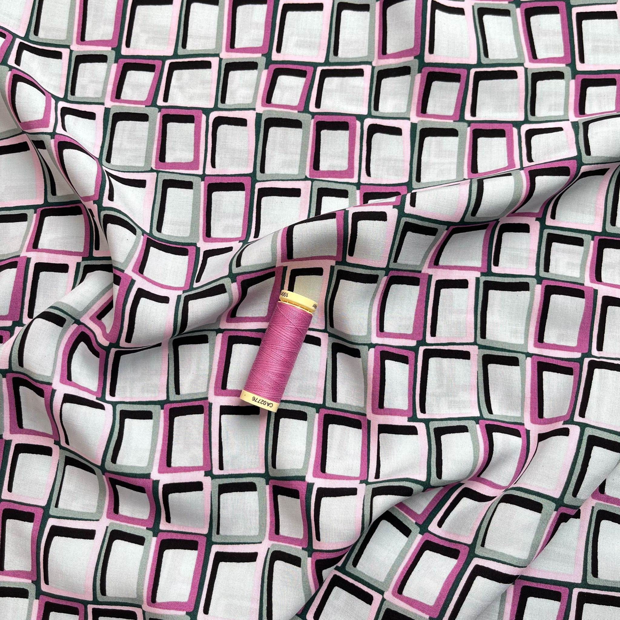 Abstract Squares in Pink and Grey Viscose Fabric