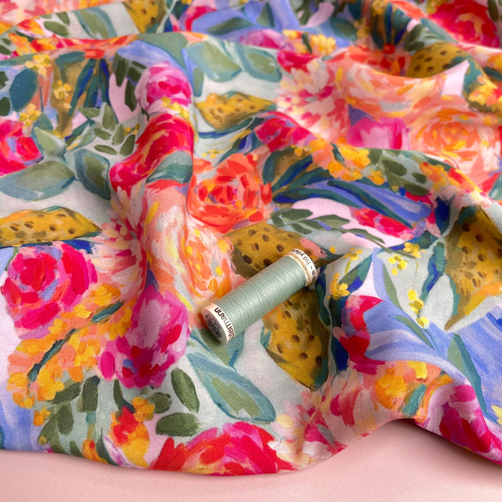 REMNANT 1.20 metres - Painted Peonies Viscose Fabric