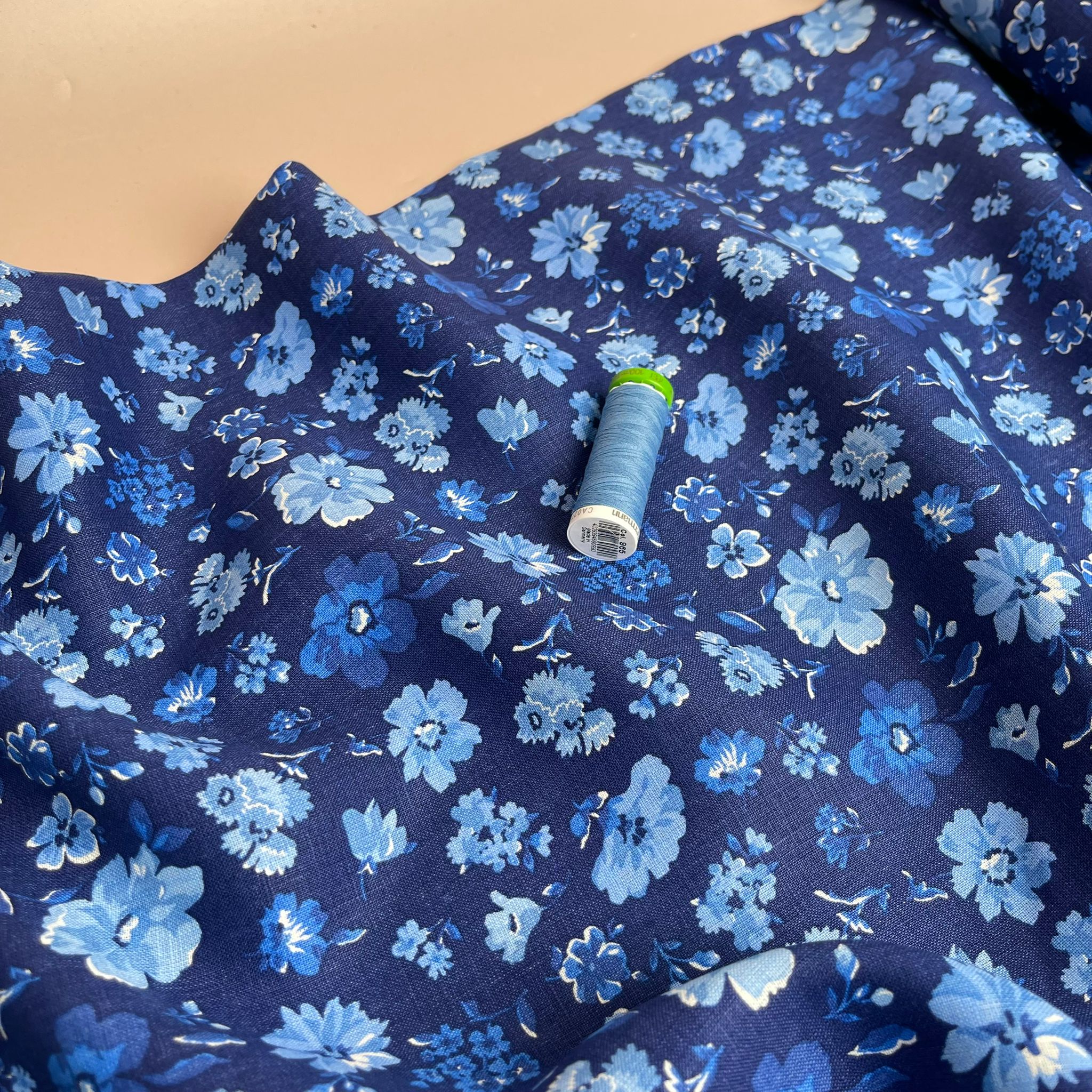Ex-Designer Deadstock Blue Floral Pure Linen Fabric