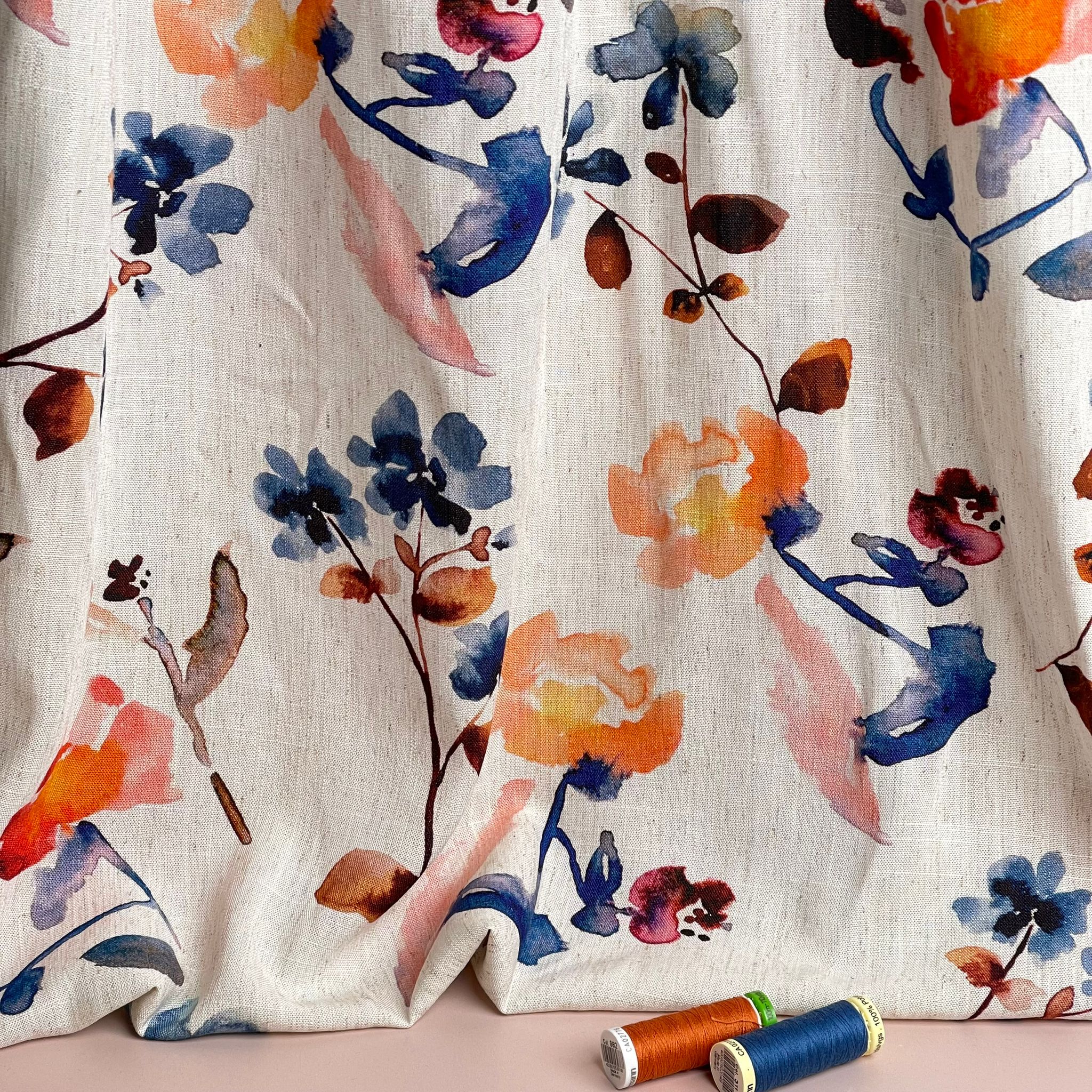 REMNANT 0.75 Metre - Apricot and Blue Florals Viscose Linen Fabric