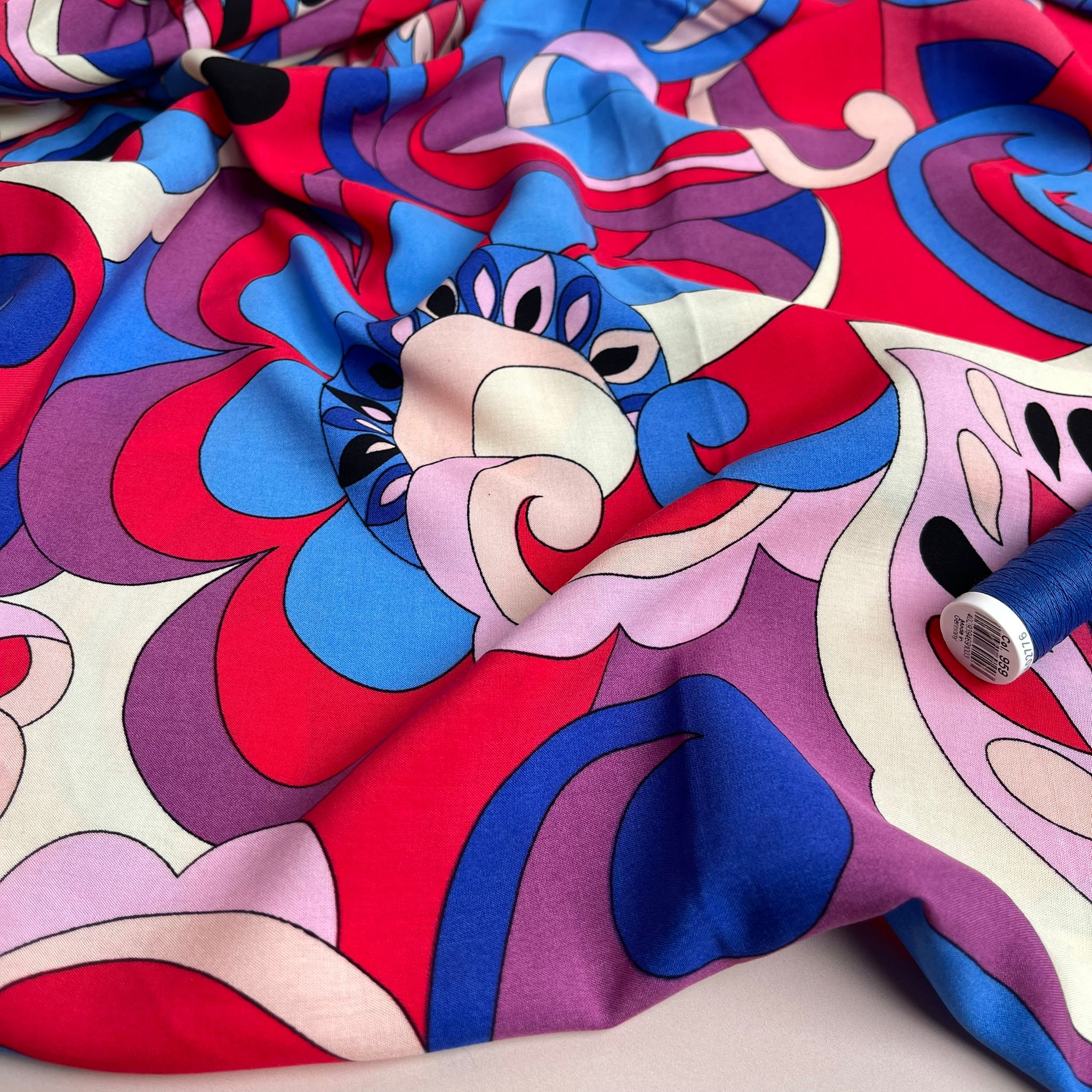 Retro Floral in Red and Cobalt Viscose Poplin Fabric