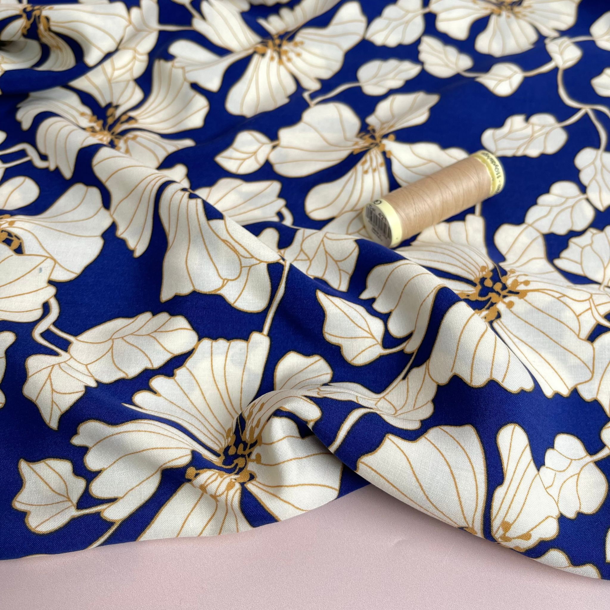 Golden Blooms on Cobalt Blue Viscose Fabric