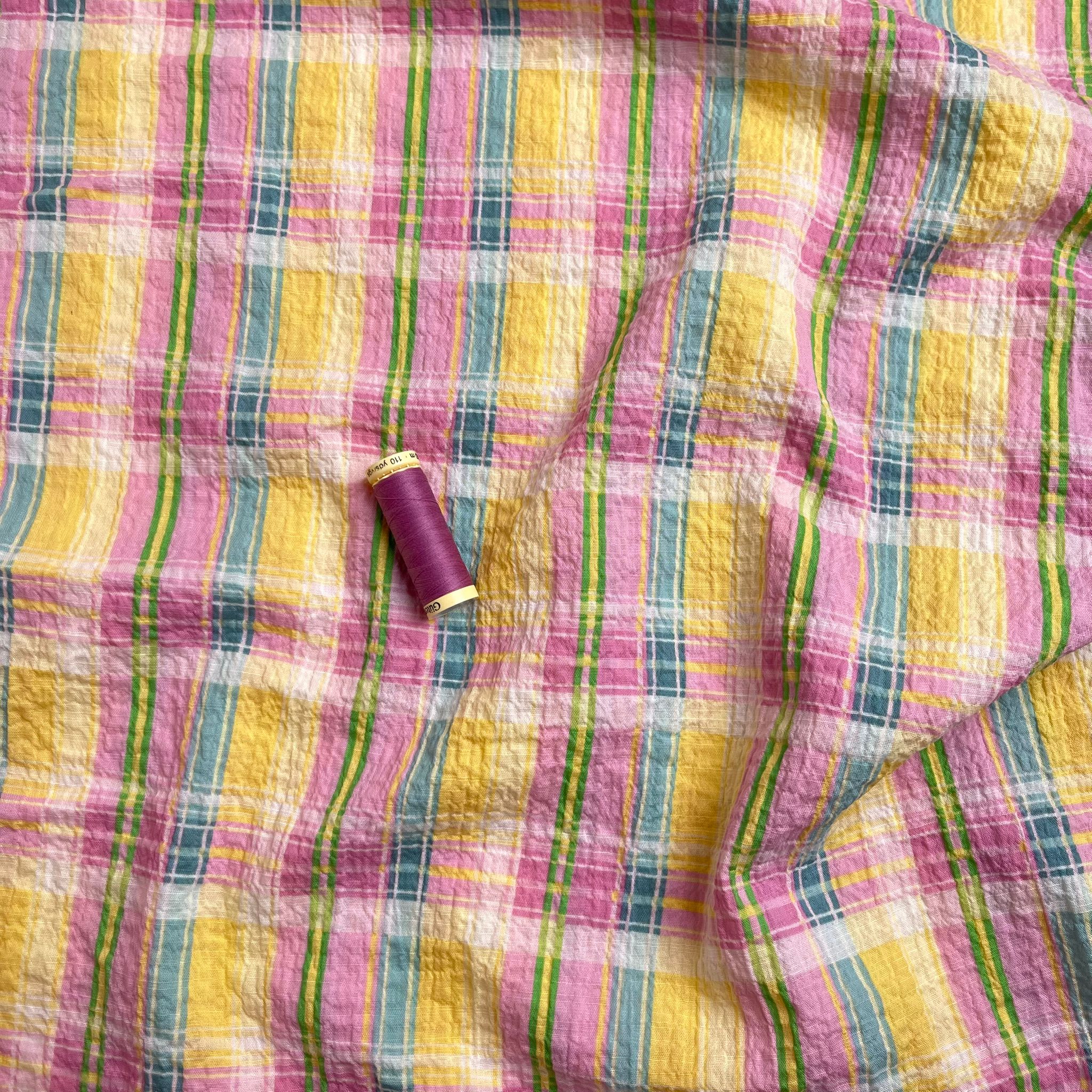 Ex-Designer Deadstock Rainbow Check Cotton Seersucker Fabric