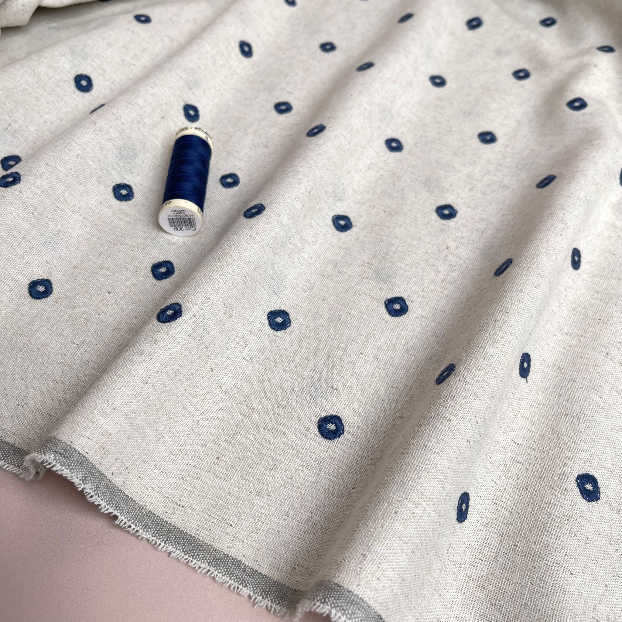 Embroidered Navy Circles on Natural Viscose Linen Blend Fabric