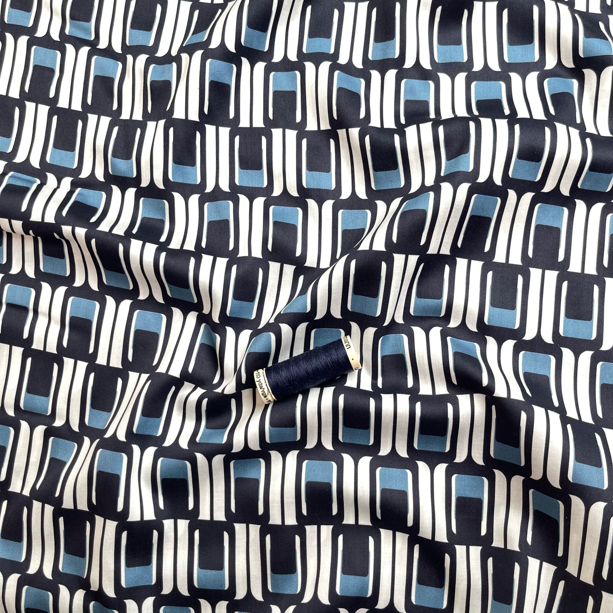 Deadstock Navy and Blue Geo Cotton Sateen Fabric