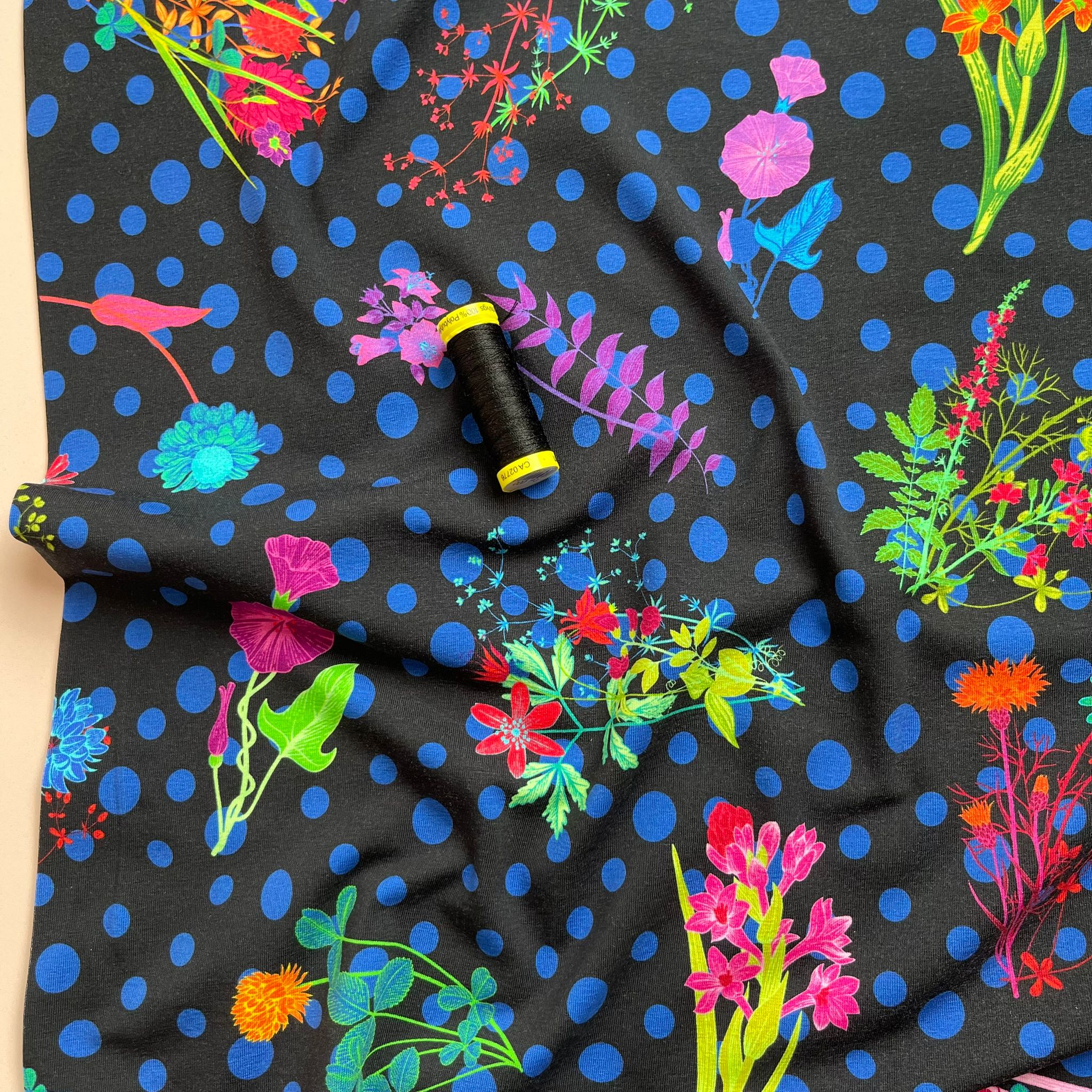 Danish Design - Disco Flowers on Black Cotton Jersey Fabric