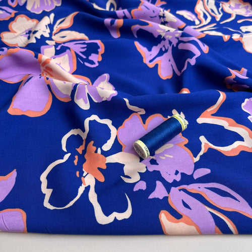 Painted Blooms on Deep Cobalt LENZING™ ECOVERO™ Viscose Fabric