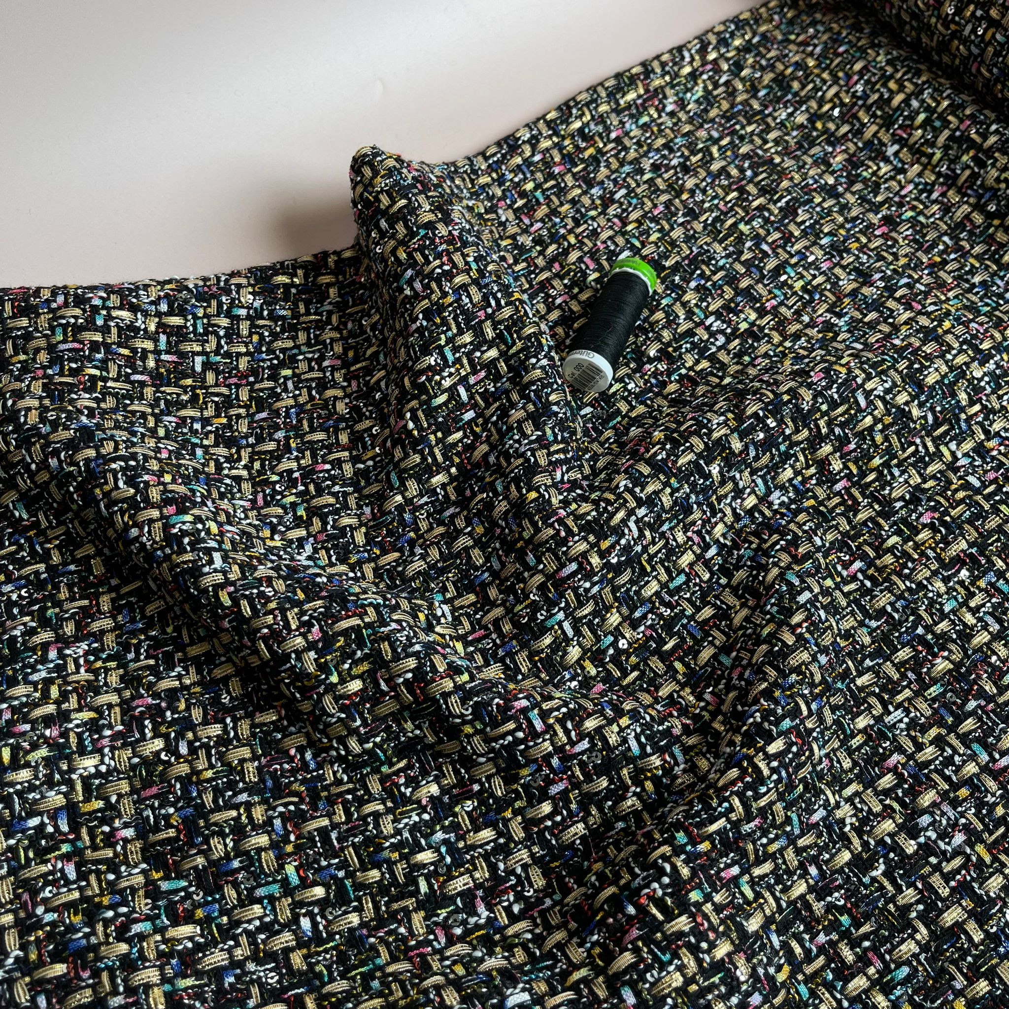 Rainbow on Black Tweed Boucle Fabric