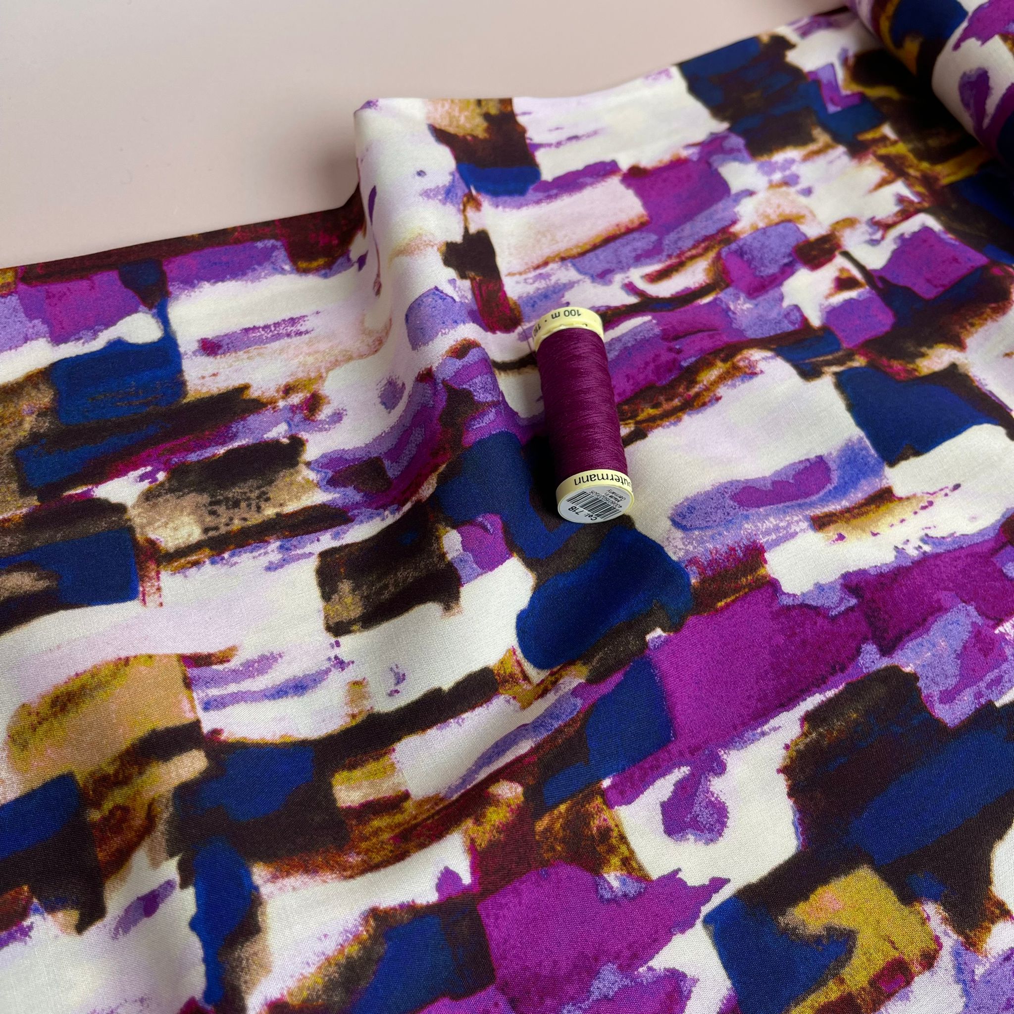 REMNANT 1.52 Metres - Abstract Smudges Purple Viscose Fabric