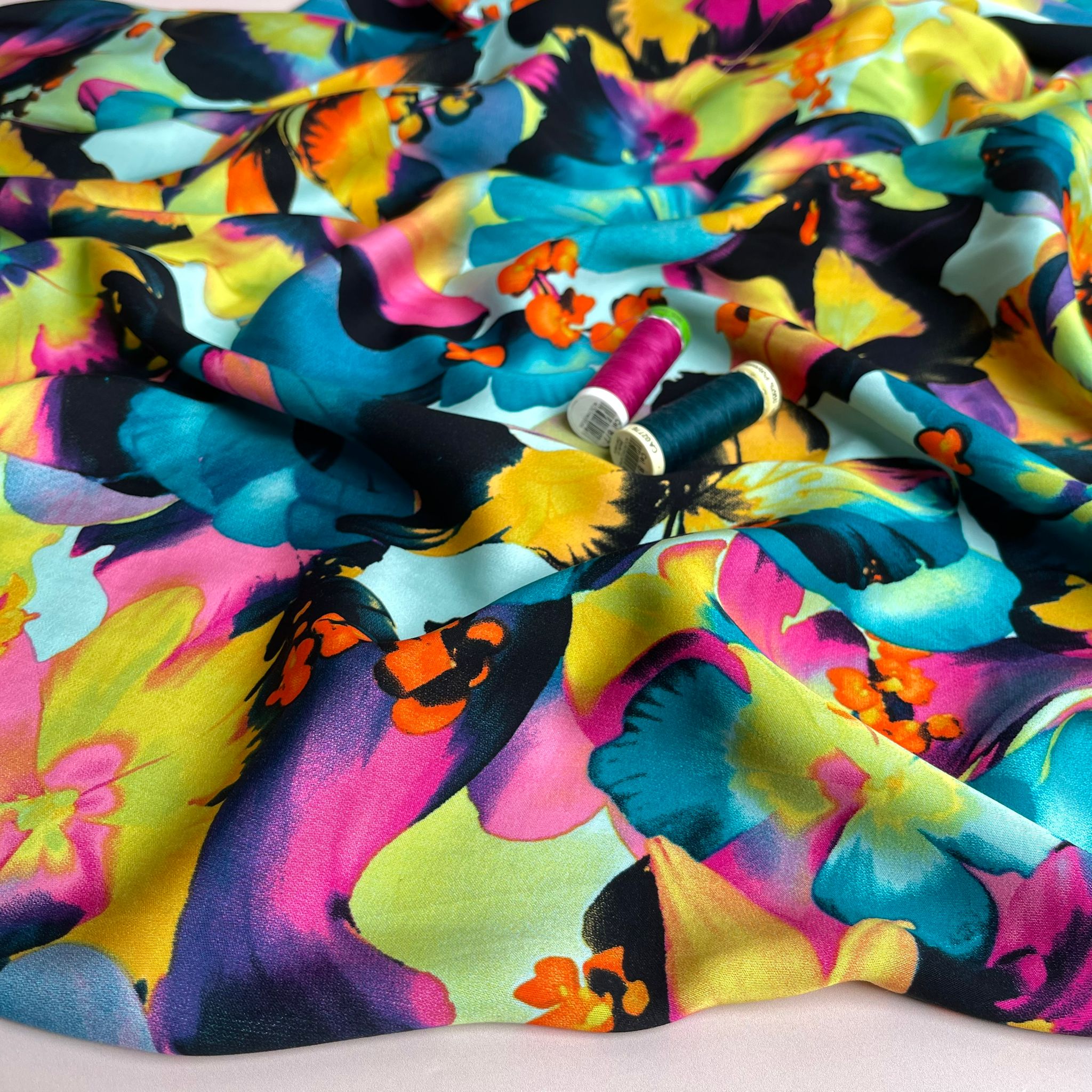 REMNANT 1.00 Metre - Vibrant Blooms in Turquoise and Pink Viscose Sateen Fabric