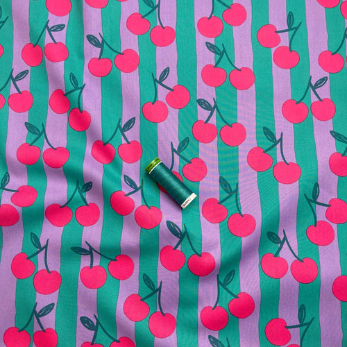 Funky Cherry Stripes on Teal Cotton Poplin Fabric