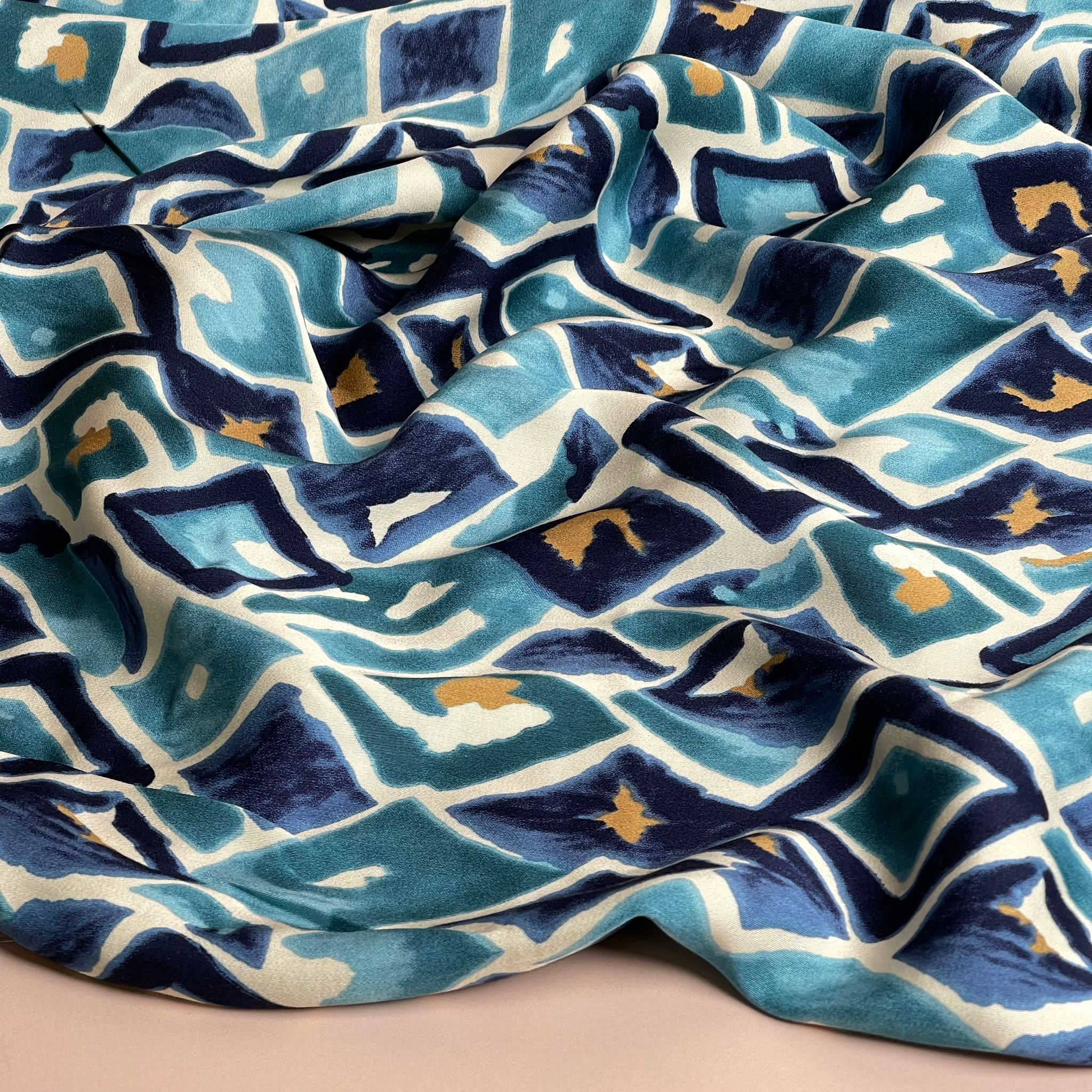 Painted Neutral Diamond Viscose Sateen Fabric