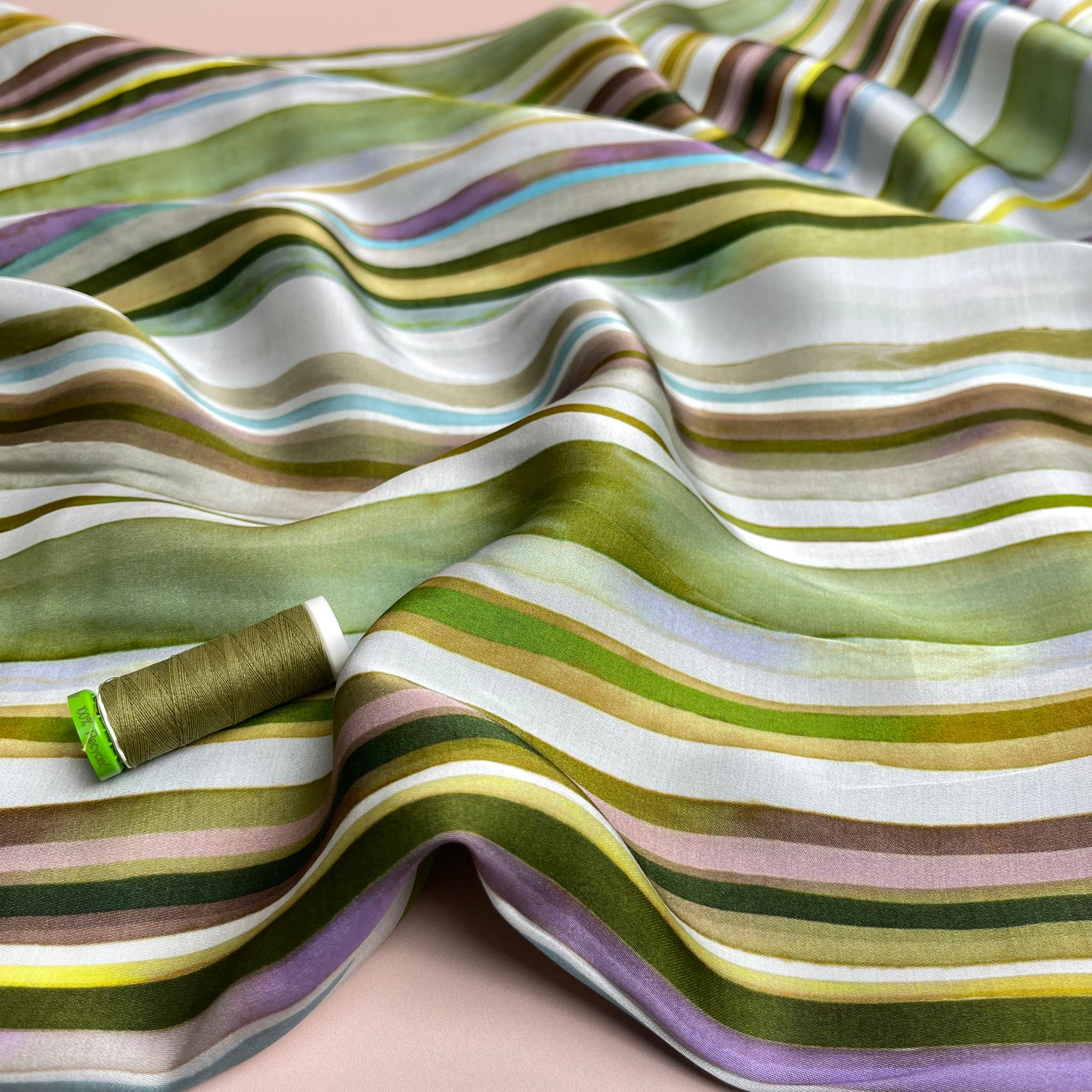 Summer Stripes Green Viscose Sateen Fabric