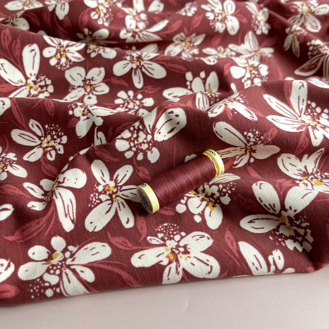 White Flowers on Rosewood Recycled Cotton French Terry