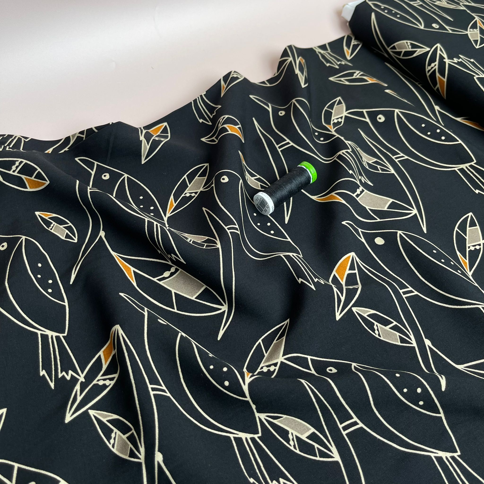 Graphic Birds Orange on Black Viscose Poplin Fabric