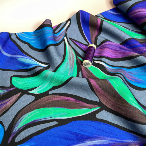 REMNANT 1.60 metres (with 3mm white spot at 45cm in) - Violet Leaves Viscose Twill Fabric