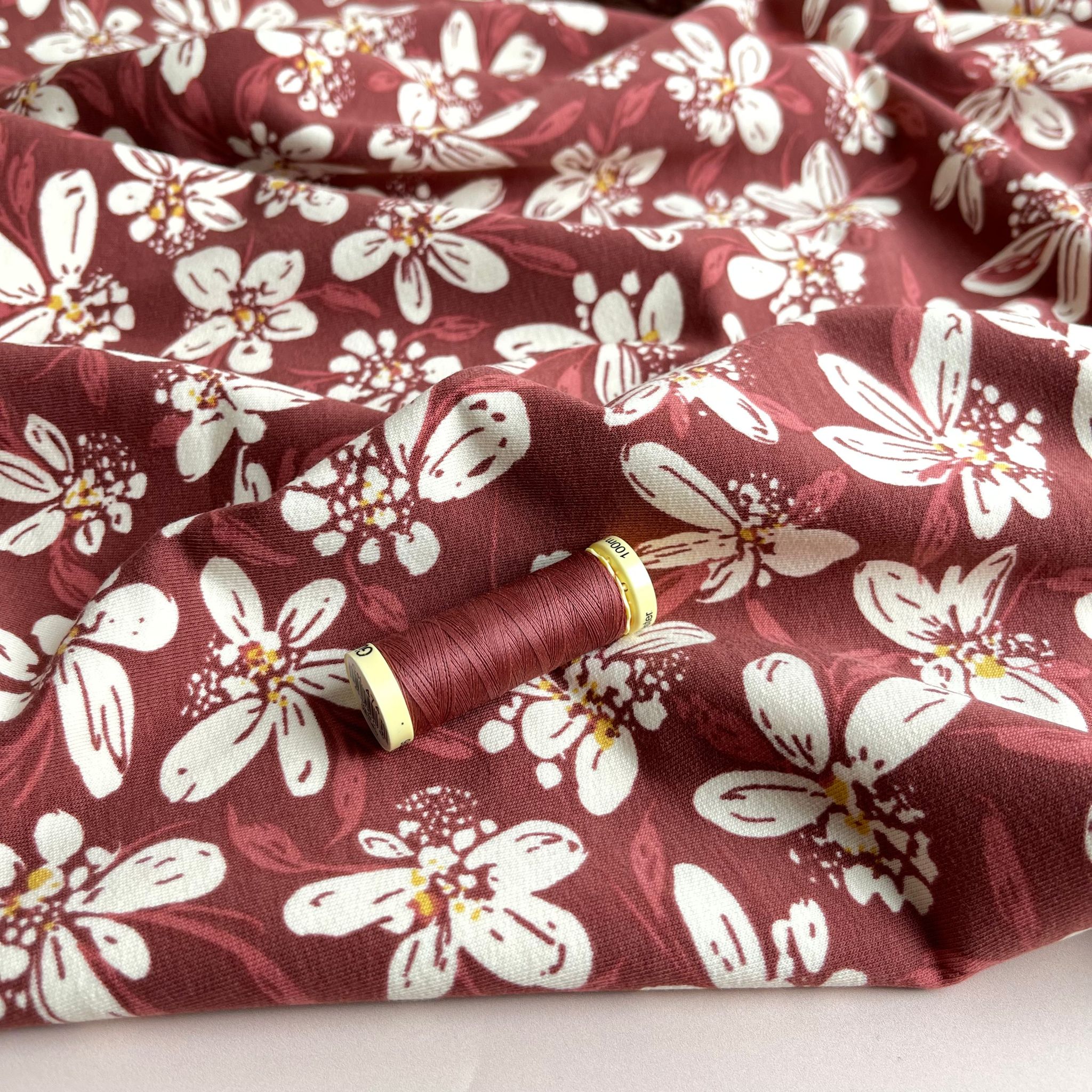 White Flowers on Rosewood Recycled Cotton French Terry