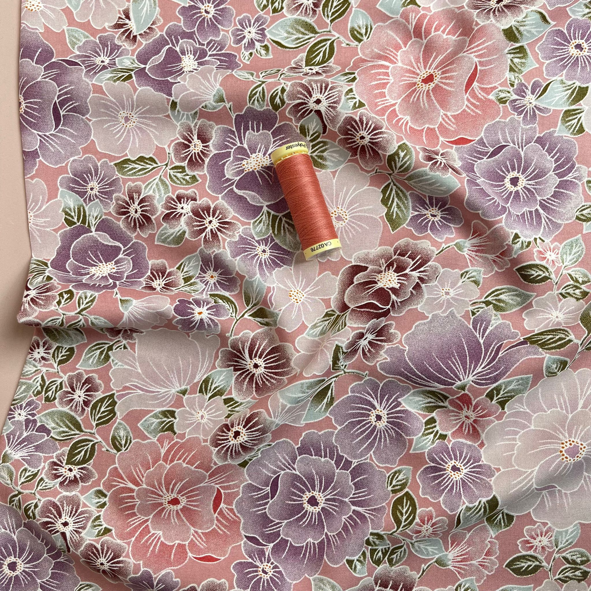 Mauve Blossoms on Rose Pink Viscose Fabric
