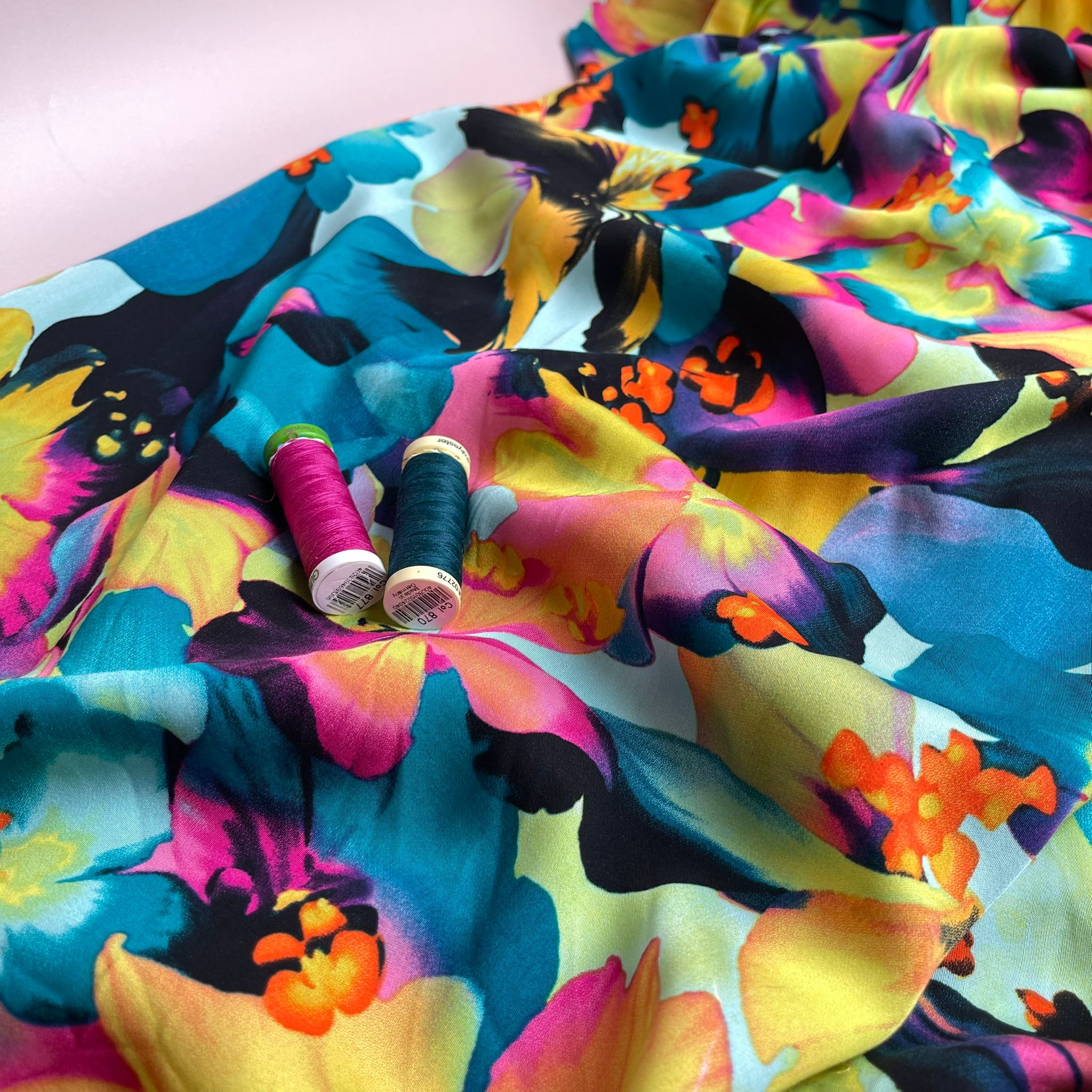 REMNANT 1.00 Metre - Vibrant Blooms in Turquoise and Pink Viscose Sateen Fabric