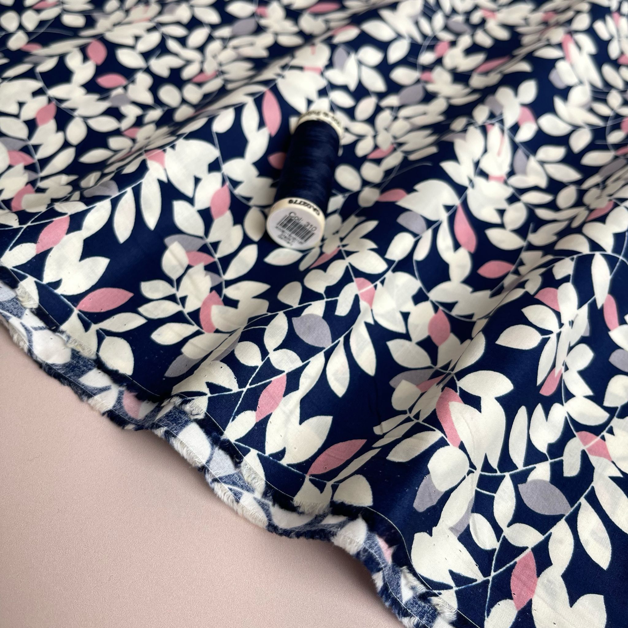 White Foliage on Navy Cotton Lawn Fabric